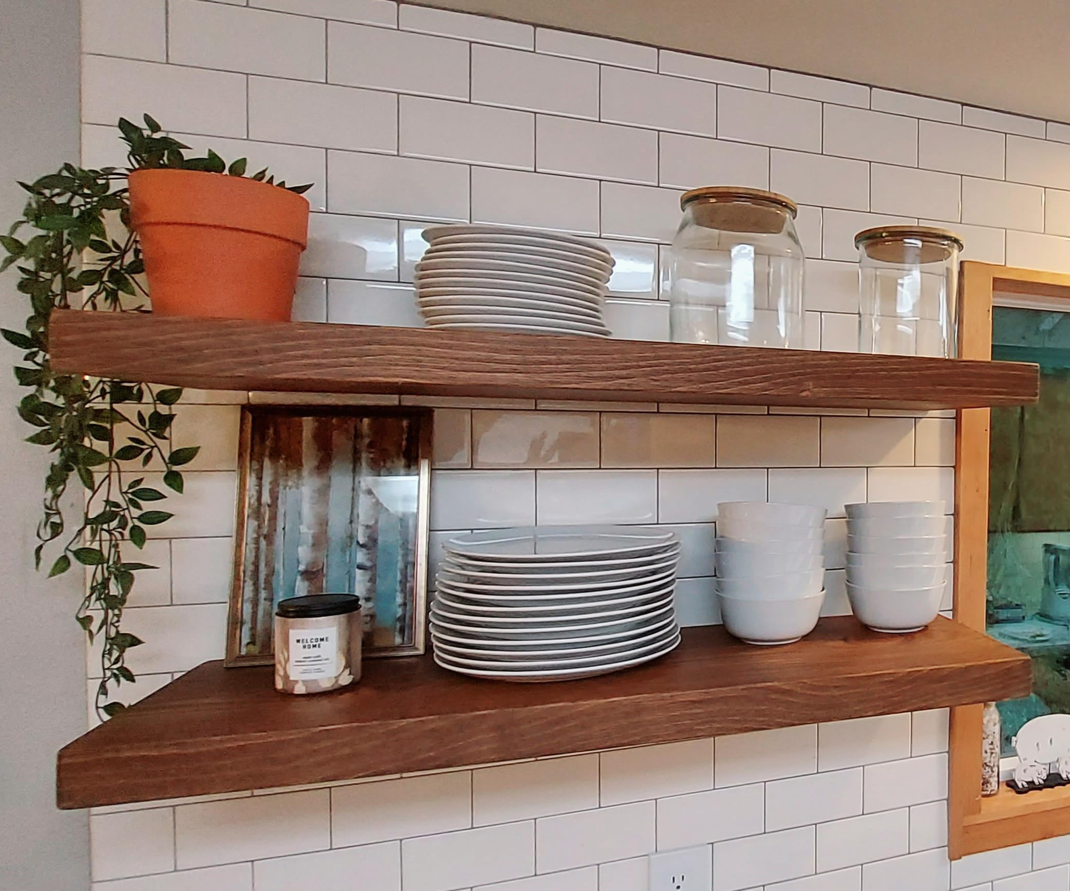 Joel's Antiques - 48 Inch Solid Wood Floating Shelves for Wall - Natural Wood Wall Mount Shelves - Heavy Duty Rustic Shelf for Bedroom, Living Room & Kitchen - Medium Brown (48x12x2 Inches) - Perfect for Displaying Books, Photos & Home Decor