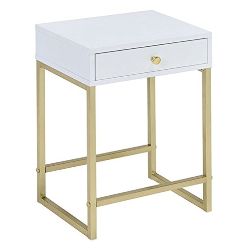Acme Coleen 1-Drawer Metal Tube End Table in White and Brass - Modern Nightstand for Bedroom, Living Room & Office