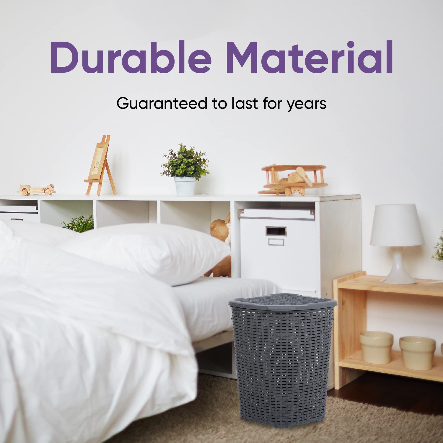 Premium 50L Grey Wicker Laundry Hamper with Lid - Durable & Lightweight Corner Basket with Handles - Curved Design for Bathroom, Closet or Door Storage - Perfect for Organizing Dirty Clothes in Small Spaces