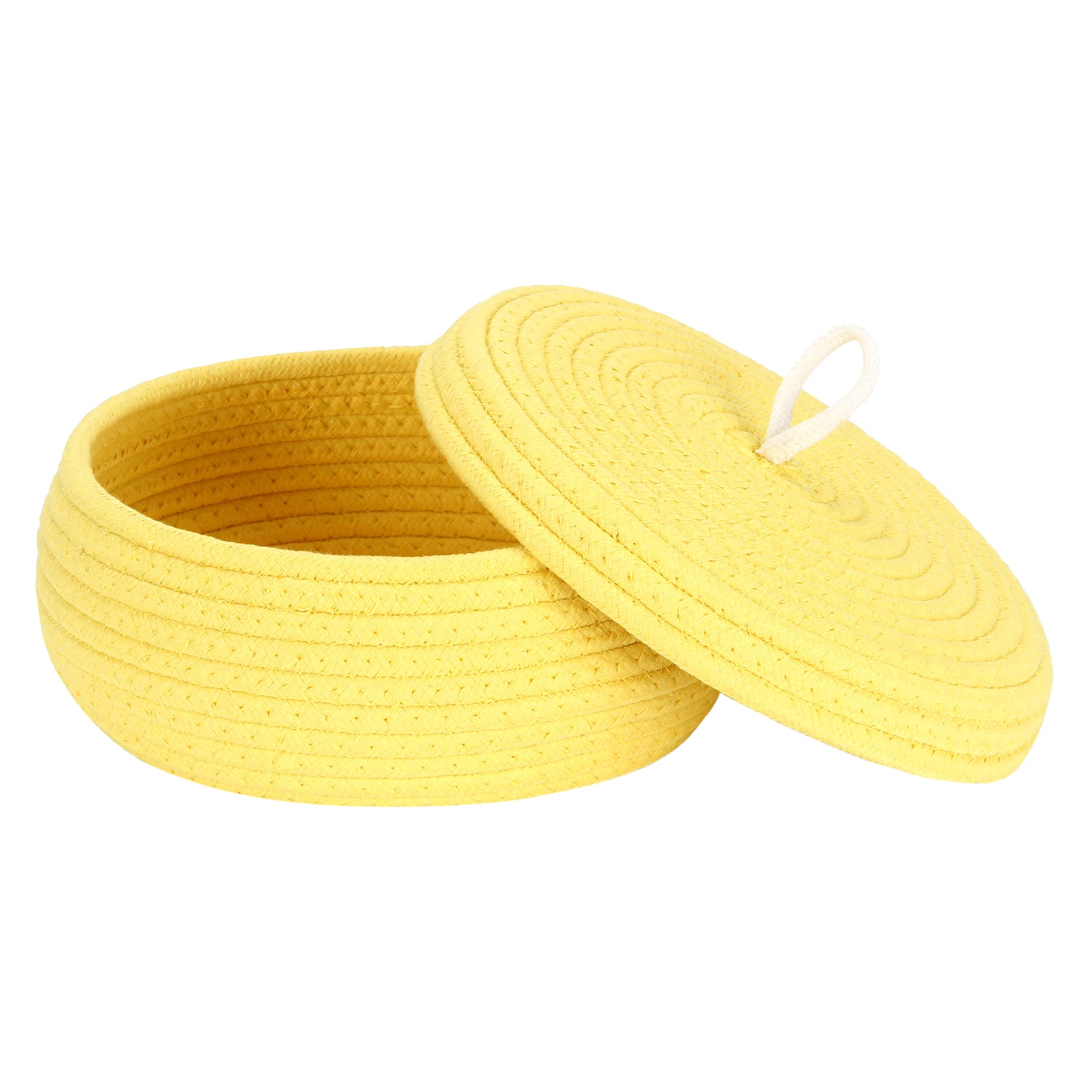 Sea Team Round Cotton Rope Storage Basket with Lid - Decorative Woven Storage Bin for Home Organization, Snacks, Towels & Plants - 10 x 4.5 Inches (Small, Shallow, Yellow) - Perfect for Living Room, Bathroom & Nursery Storage Solutions