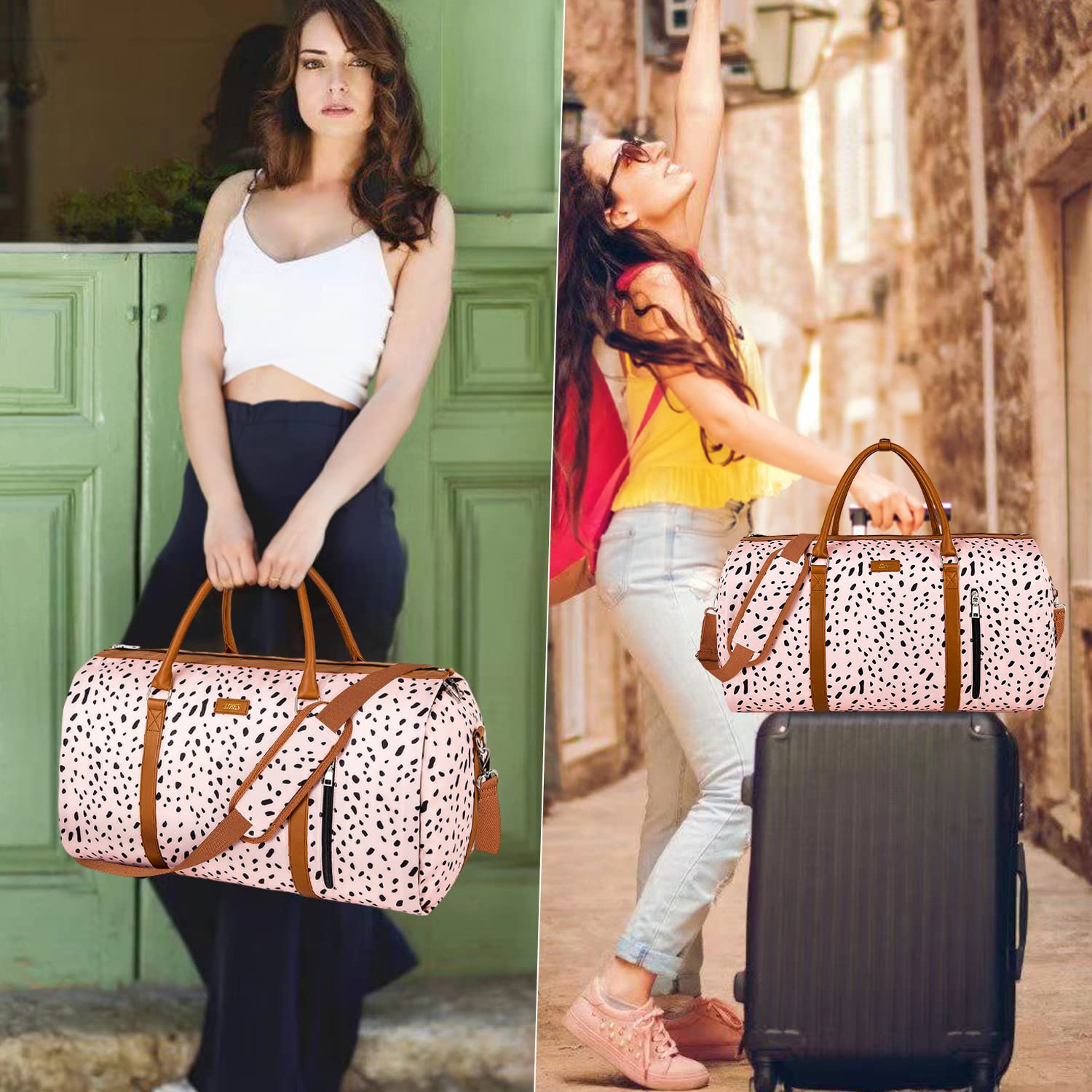 Convertible Travel Garment Duffle Bag - 2-in-1 Carry On Weekender Bag with Detachable Toiletry Pouch for Men & Women, Hanging Suitcase for Business Trips & Vacations (Pink Leopard Print) - Perfect for Air Travel, Gym, Weekend Getaways & Business Meetings