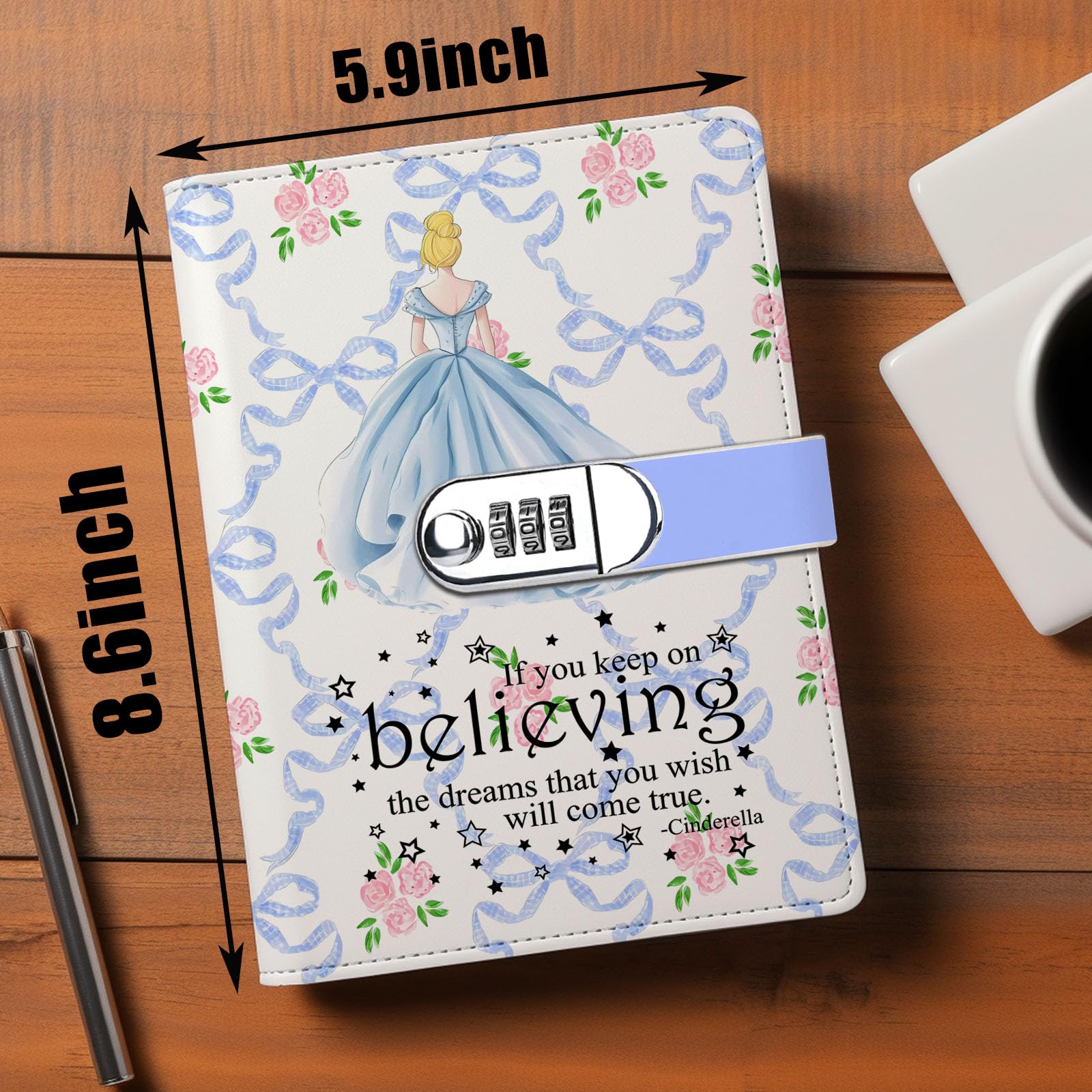 Cinderella Themed A5 Locking Journal - Faux Leather Password Diary with Lock, Perfect Gift for Princess Movie Fans - Ideal for Personal Writing, Travel Journaling & Secret Keeping