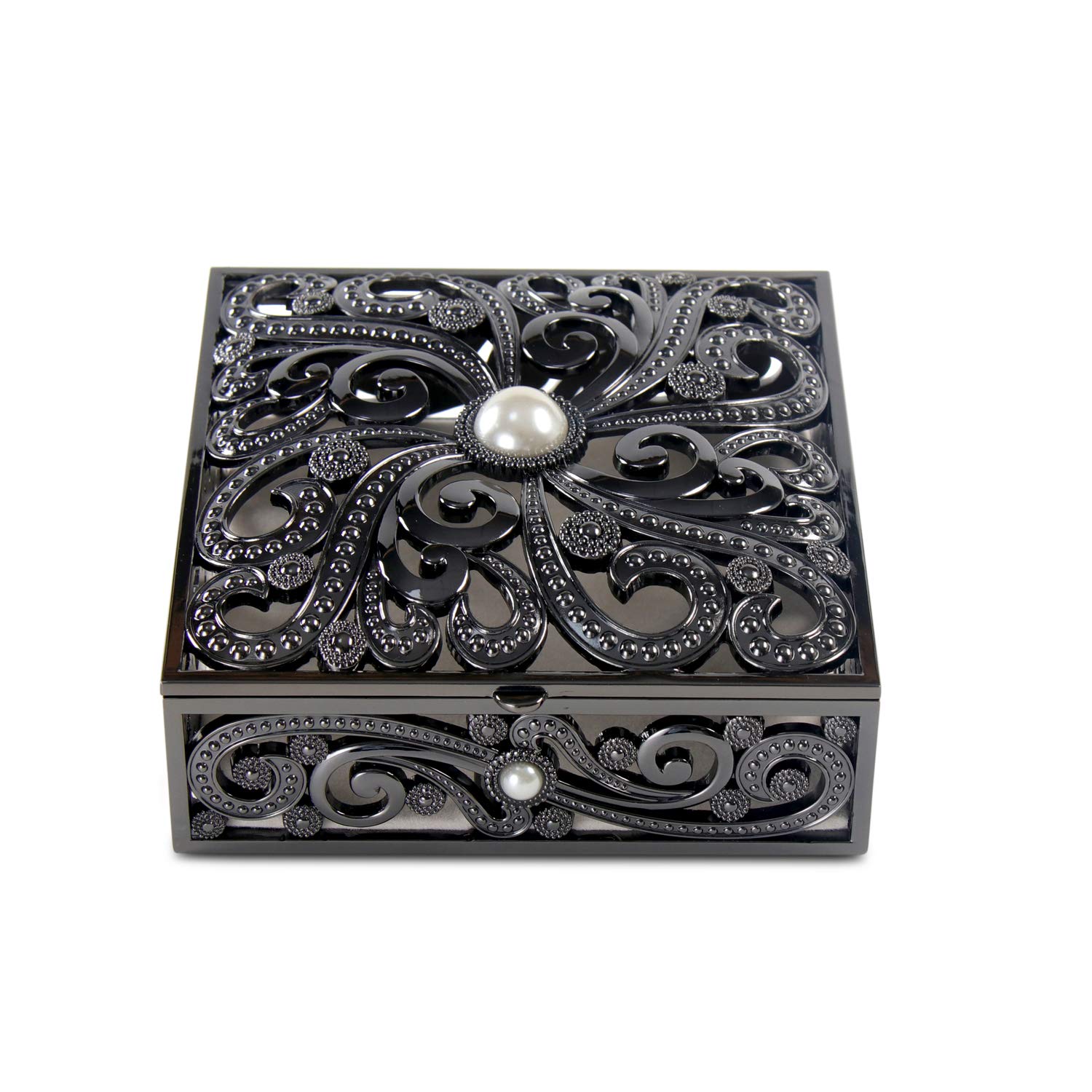 Vintage Metal Pearl Jewelry Box - Antique Jewelry Storage Organizer for Rings, Earrings, Necklaces - Treasure Chest Keepsake Gift Box for Women & Girls - Perfect for Bedroom Vanity, Travel & Wedding Jewelry Storage (Square)