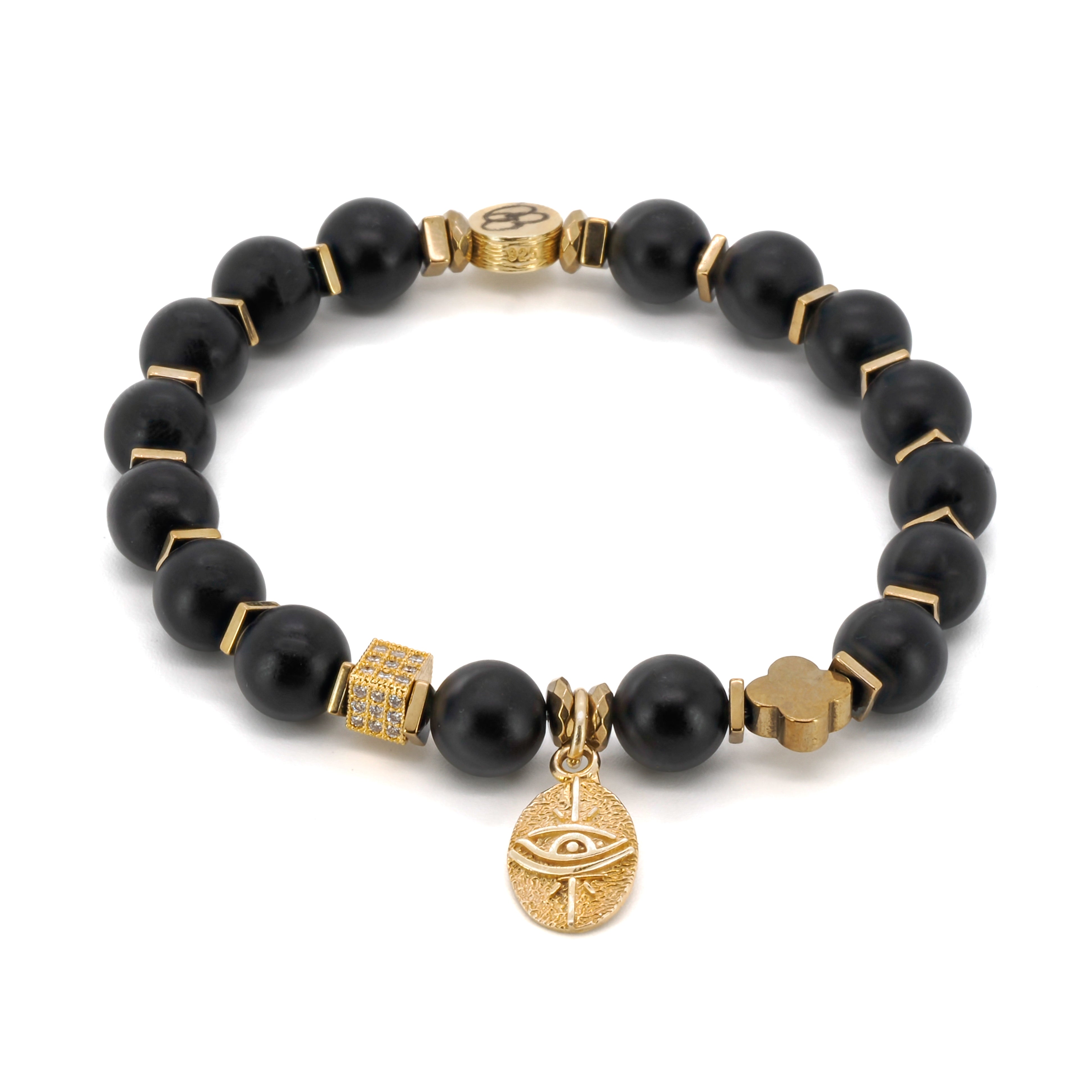 Black Onyx Stone Gold Evil Eye Beaded Bracelet for Women - Protection Jewelry for Good Luck & Positive Energy - Perfect for Everyday Wear, Meditation & Spiritual Healing
