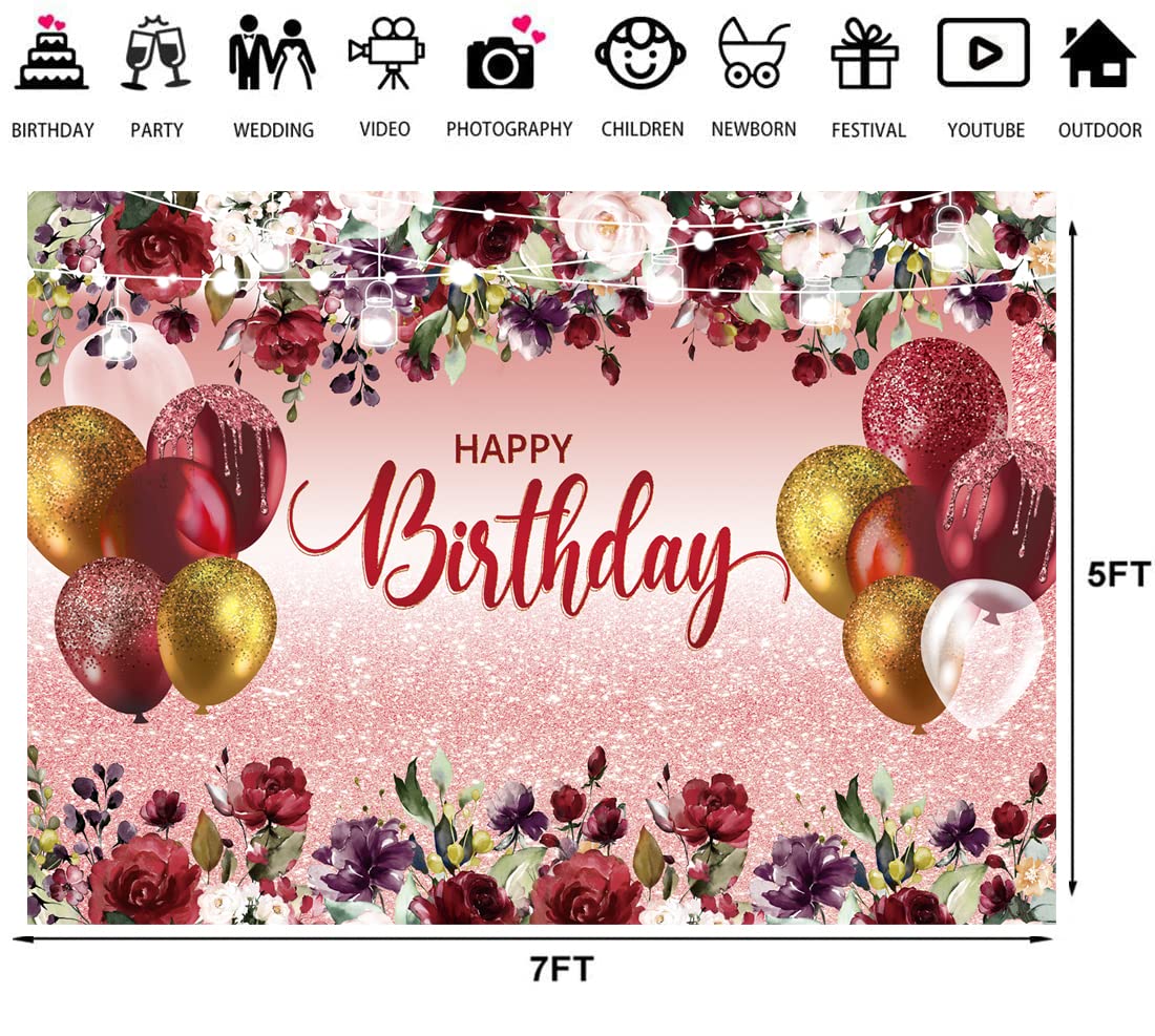 LTLYH 7x5ft Happy Birthday Party Backdrop - Red & Gold Foil Balloon Garland Decorations for Women's Birthday, Bridal Shower, Baby Shower & Anniversary Party Supplies | Photo Booth Background Banner