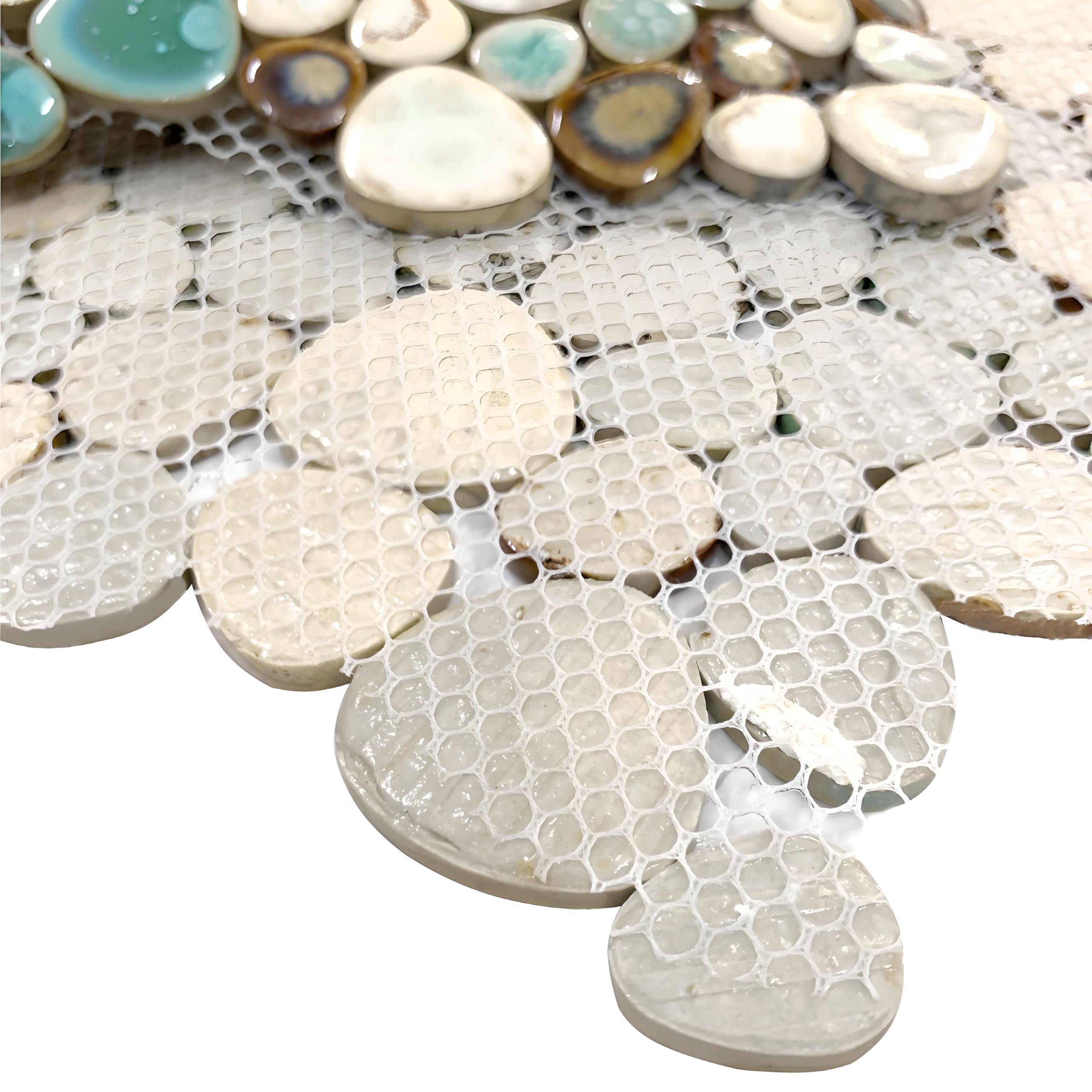 Pebble Porcelain Tile Turquoise Green Cream & Coffee Mosaic - Waterproof Ceramic Floor & Wall Tiles (10 Sq Ft) - Perfect for Kitchen Backsplash, Bathroom Shower, Pool Area & Outdoor Flooring