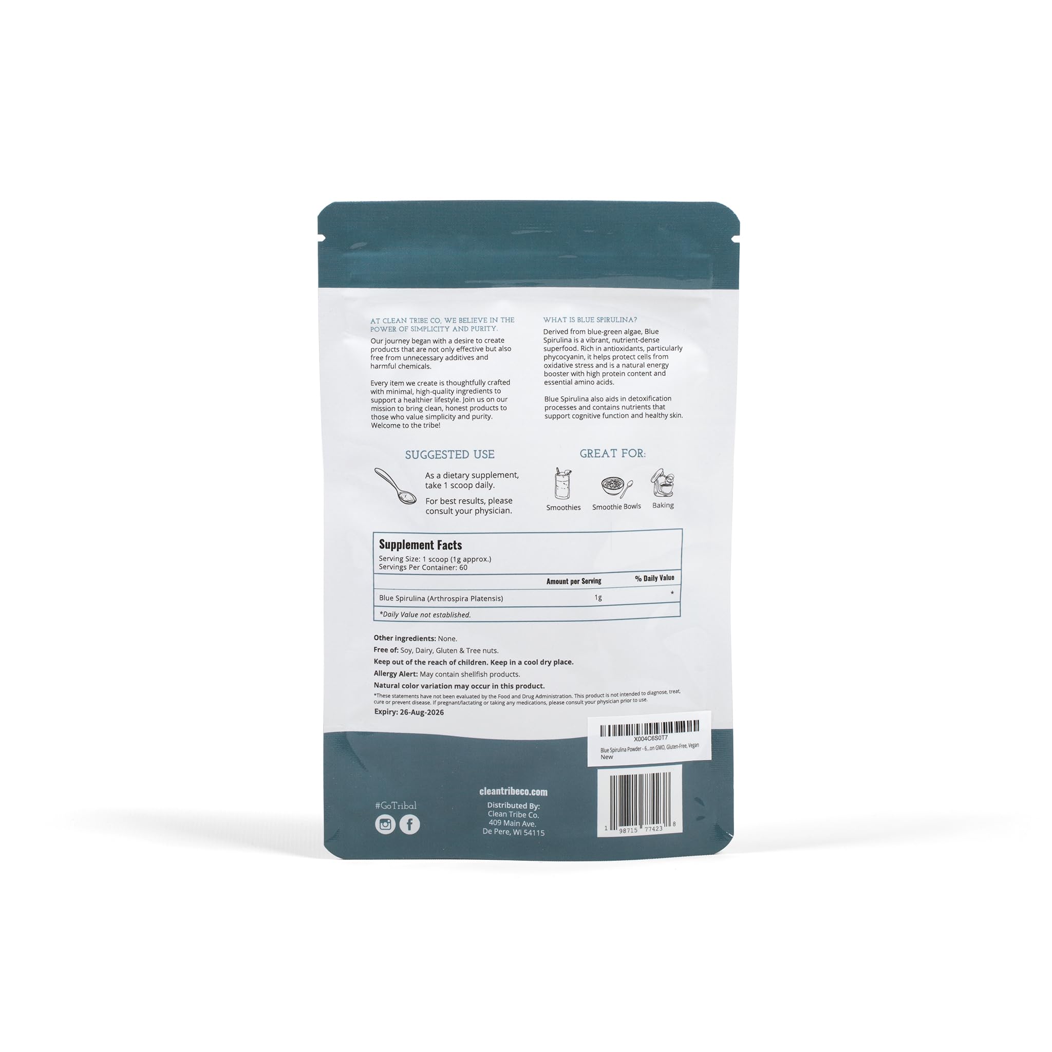 Premium Blue Spirulina Powder 100% Pure Phycocyanin - Organic Vegan Superfood Protein Powder, Gluten-Free & Non-GMO - No Fishy Taste - Perfect for Smoothies, Baking, Energy Drinks & Healthy Recipes - Resealable Bag (60 Servings) - Boost Immunity & Natural Energy