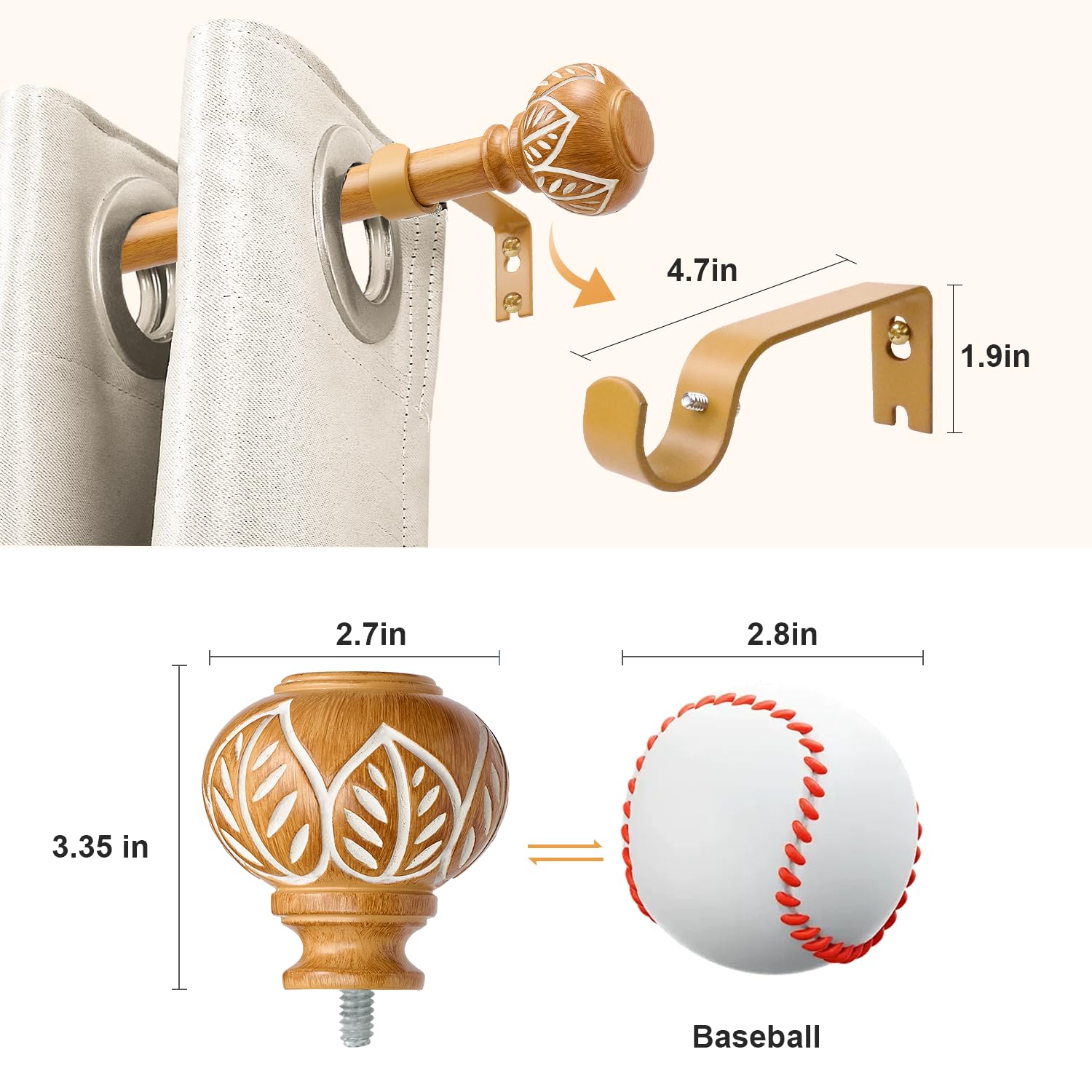 Heavy Duty 1 Inch Wooden Curtain Rods for Windows - 72 to 144 Inches (2 Pack) | Decorative Single Window Rod with Round Imitation Wood Grain Finial (30