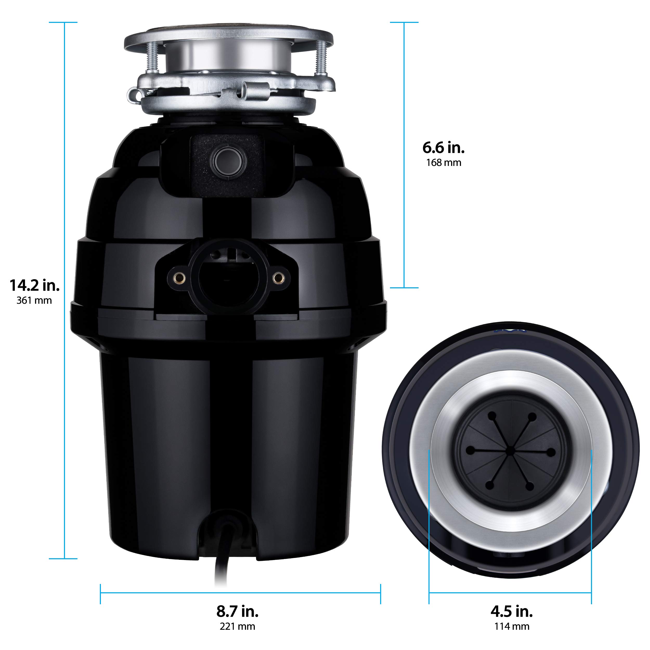 Eco Logic 3/4 HP Continuous Feed Garbage Disposal with Removable Splash Guard, Power Cord & 3-Bolt Mount - Black | Under Sink Kitchen Waste Disposer for Home & Restaurant Use