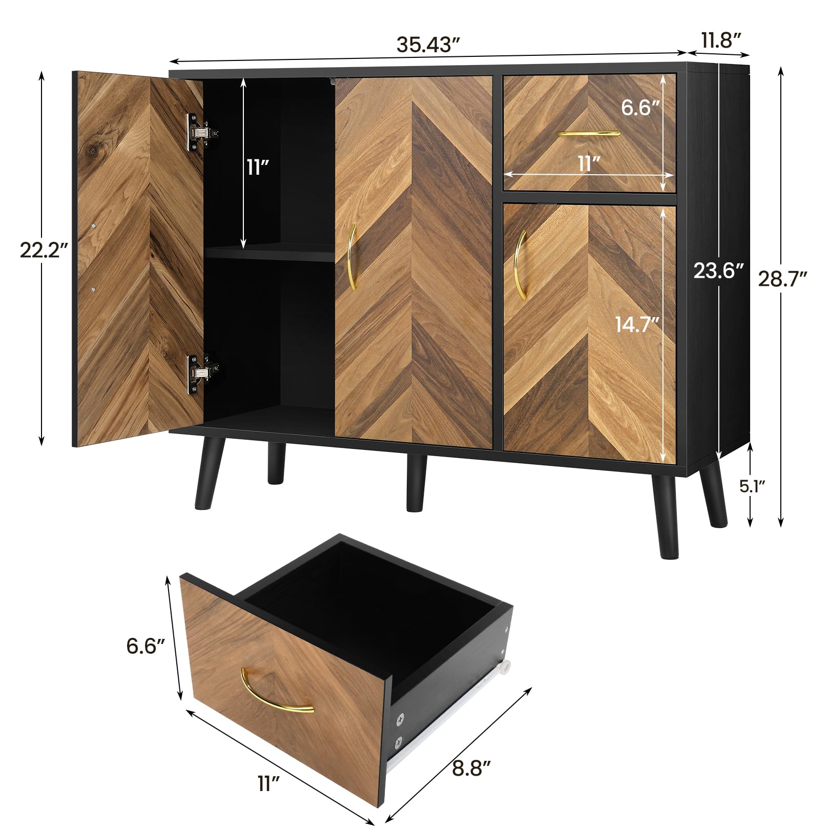 SIHANM 3-Door Sideboard Buffet Cabinet with Drawers & Shelves - Sturdy Free-Standing Storage Cabinet for Hallway, Living Room, Entryway & Kitchen | Perfect for Organizing Dishes, Linens & Home Decor