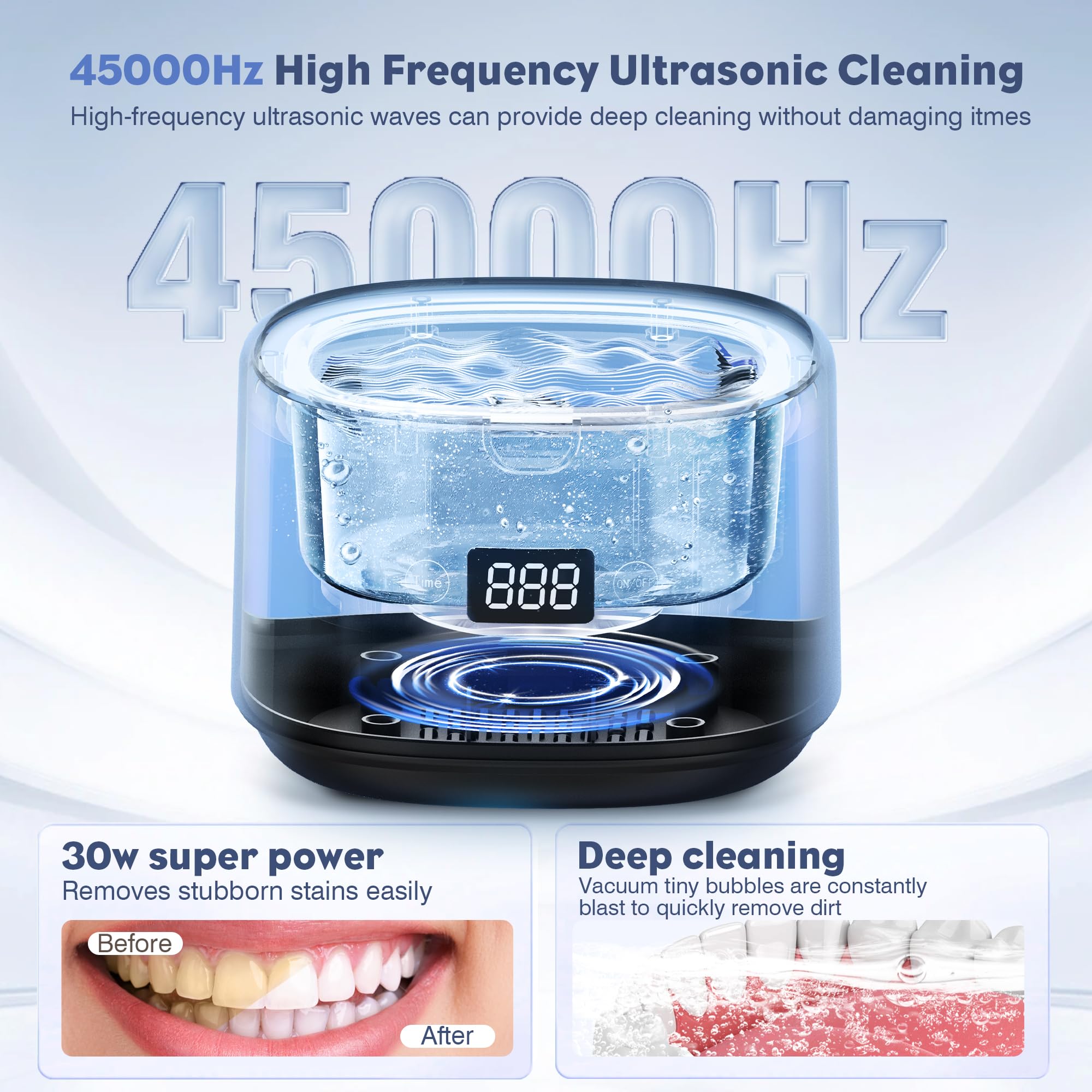FTCIRA 30W Professional Ultrasonic Jewelry Cleaner - 45kHz 230ML Portable Denture & Jewelry Cleaning Machine for Retainers, Aligners, Braces, Mouth Guards, Razor Heads - Perfect for Travel & Home Dental Care