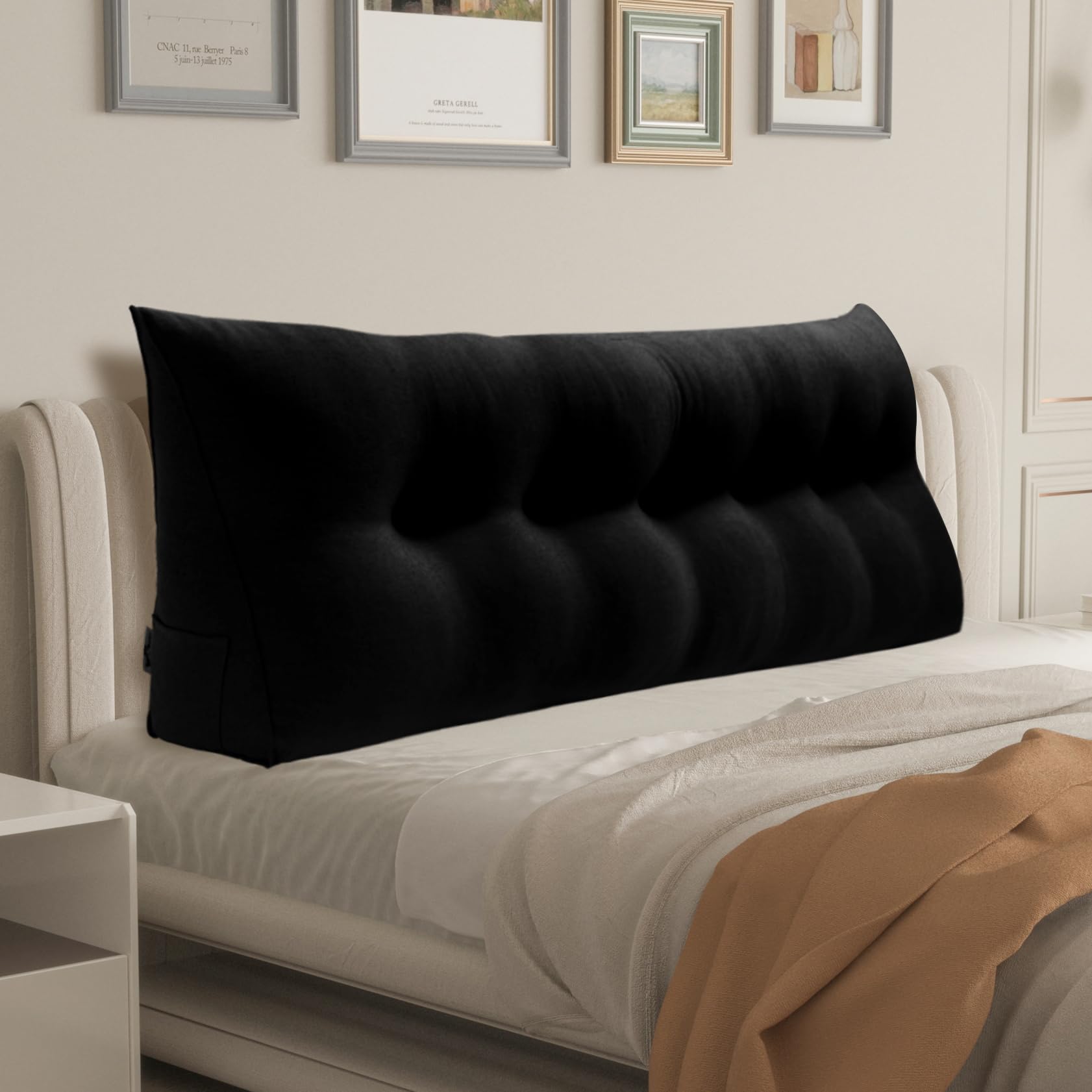 WOWMAX Triangular Bed Wedge Pillow for Headboard - Large Bolster Pillow with Removable Cover (85% Linen 15% Cotton, Black) - Perfect for Daybeds, Bunk Beds & Back Support While Reading or Watching TV
