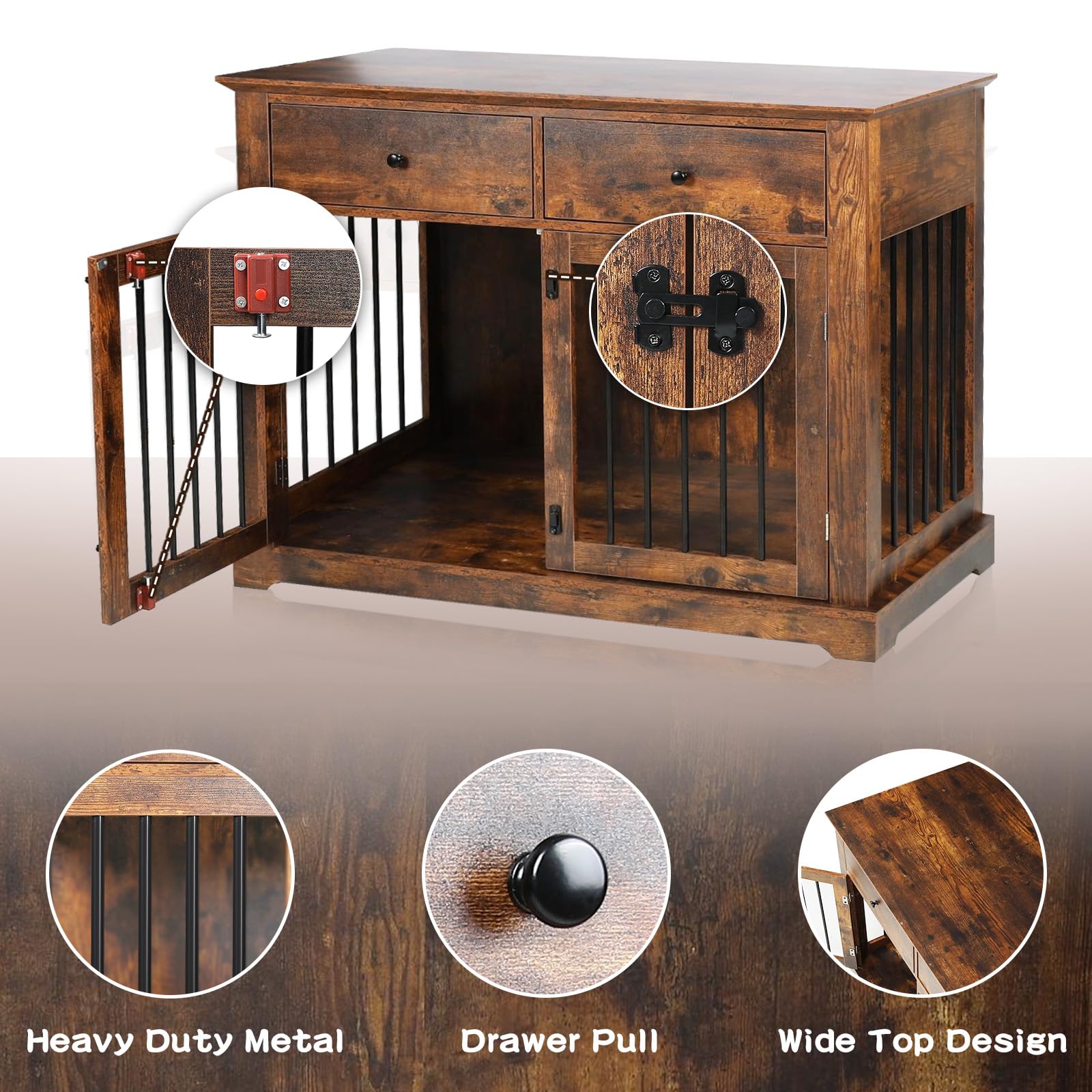 LEMBERI 44 Inch Large Dog Crate Furniture - Wooden Dog Kennel End Table with Storage Drawers | Indoor Pet Cage & Dog House for Medium to Large Dogs | Perfect for Living Room, Bedroom or Office (Brown)