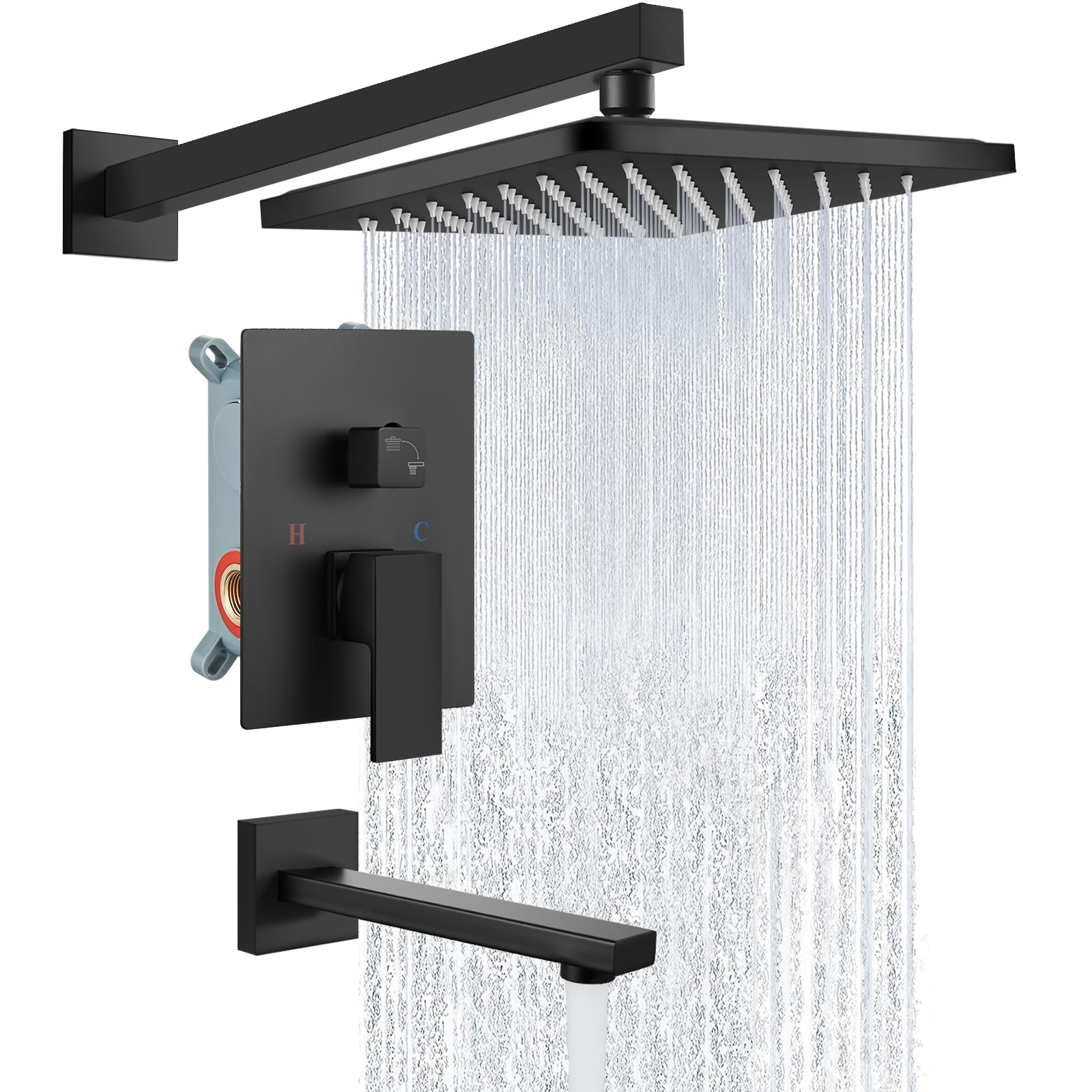 Premium Matte Black Tub and Shower Faucet Set - 8 Inch Wall Mounted Rain Shower System with High Pressure Shower Head, Tub Spout & Rough-in Mixer Valve - Perfect for Modern Bathroom Renovation and Spa-Like Shower Experience