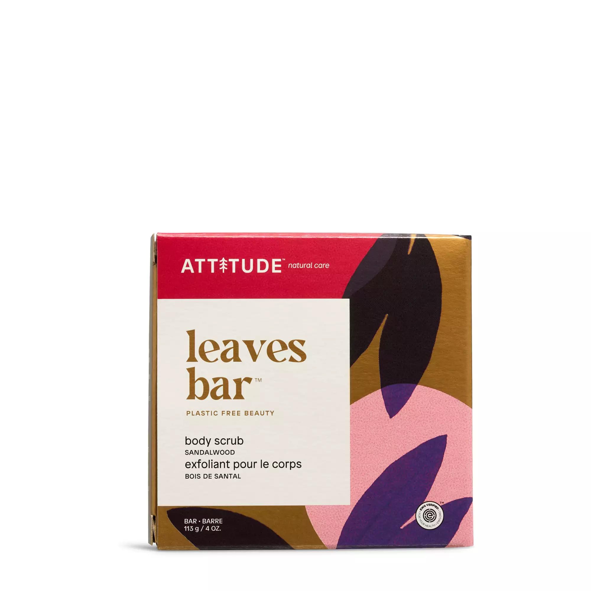 ATTITUDE Natural Body Scrub Bar with Bamboo Powder & Shea Butter - Gentle Exfoliator for Smooth Skin, Vegan & EWG Verified - Sandalwood Scented (113g) for Spa Day & At-Home Pedicure