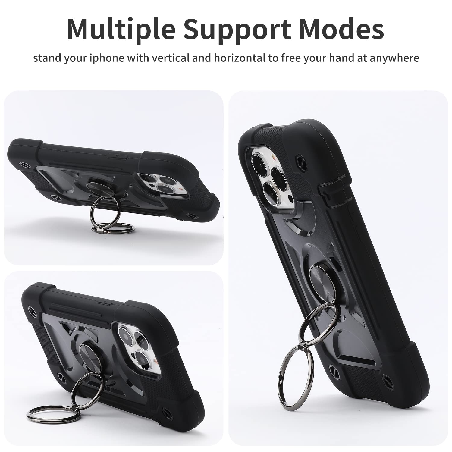 Premium Shockproof iPhone 13 Pro Max Case 6.7 Inch with Ring Stand - Includes 2 Pack Tempered Glass Screen Protector + Camera Lens Protector | Heavy Duty Protective Cover for iPhone 13 Pro Max (Black) | Perfect for Outdoor Activities, Travel & Daily Use