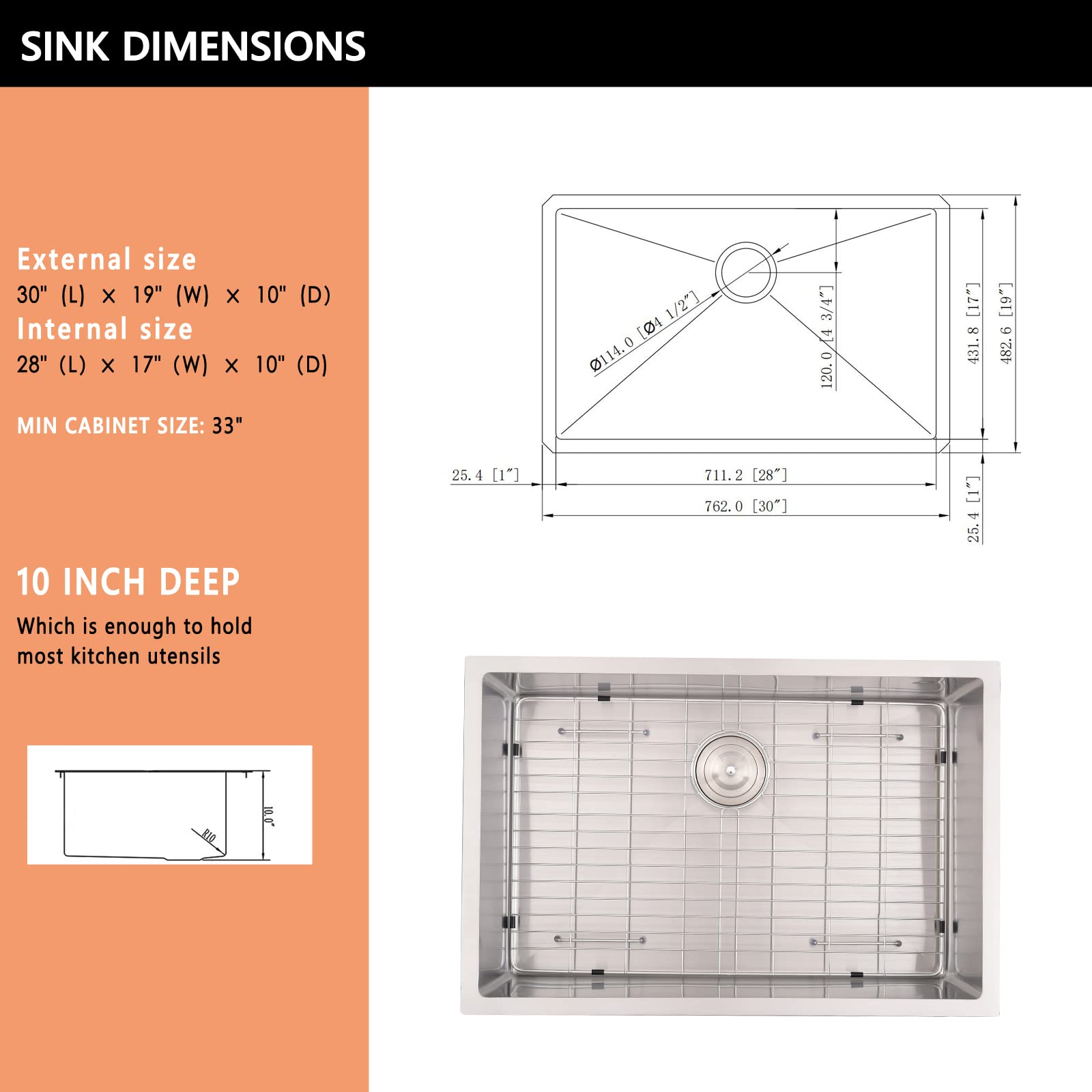 30×19 Inch Undermount Kitchen Sink - 16 Gauge Brushed Nickel 304 Stainless Steel - 10 Inch Deep Single Bowl Sink for Modern Kitchens | Perfect for Food Prep, Dishwashing & Small Space Cooking
