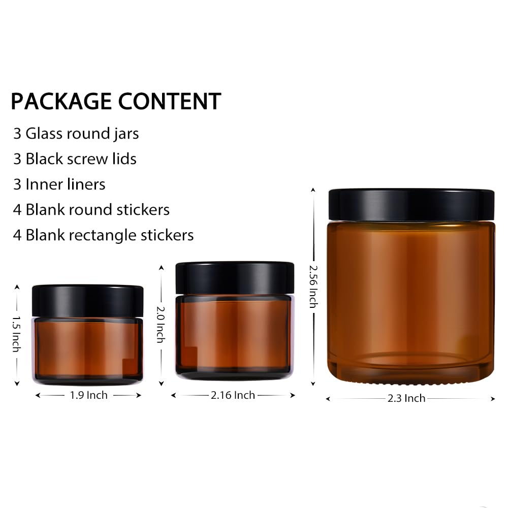 Amber Glass Jars with Lids - Tecohouse 4oz, 2oz & 1oz Reusable Travel Containers for Creams, Lotions & Cosmetics (3-Pack) - Perfect for DIY Skincare, Essential Oils & Travel Toiletries