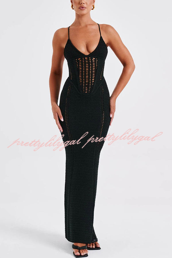 Elegant Knit Crochet Hollow Out Back Lace Up Stretch Maxi Dress for Women - Summer Beach Vacation & Boho Chic Outfit