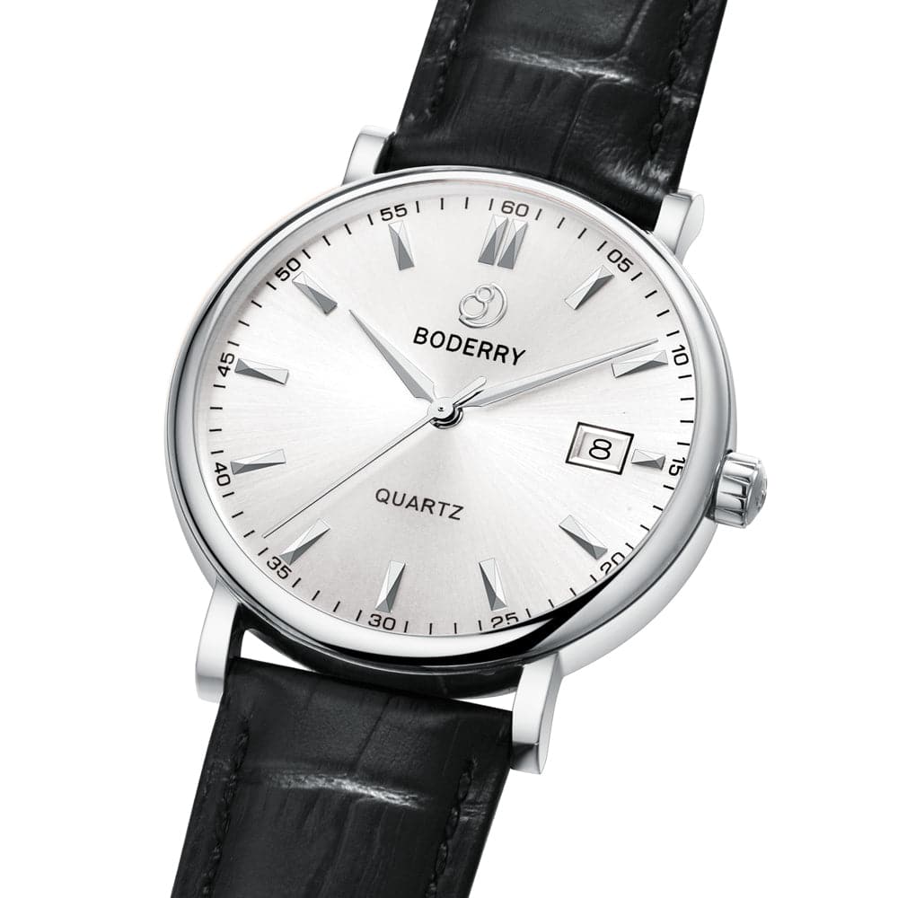 CLASSIC 40MM Swiss Quartz Movement Watch - Silver Stainless Steel Case & Genuine Black Leather Strap | Perfect for Business, Casual Wear & Gift Giving
