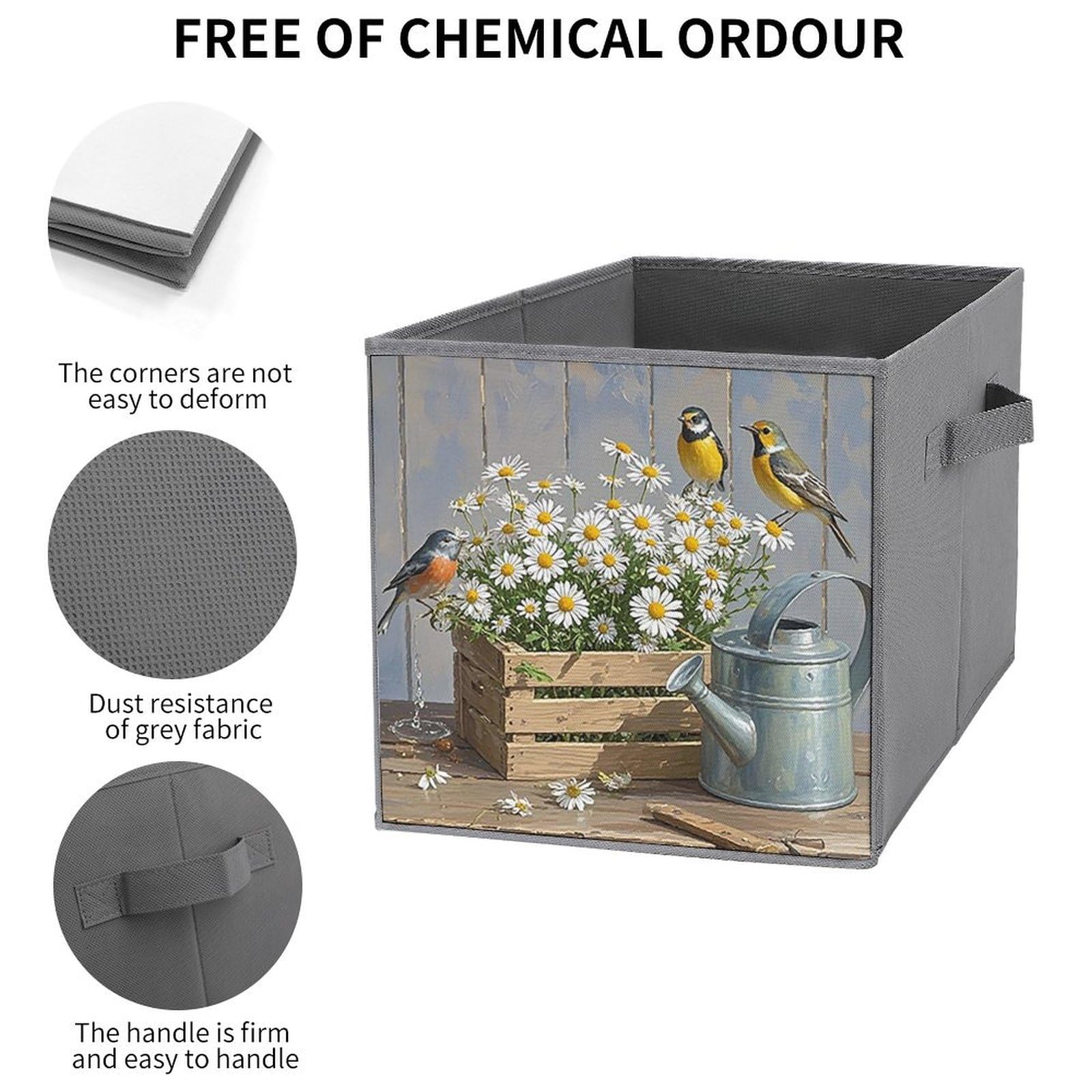 2PCS Foldable Storage Bins with Daisy & Bird Print - Large Capacity Storage Boxes with Handles for Home, Office, Playroom Organization | Perfect for Toys, Books, Clothes & Household Items Storage