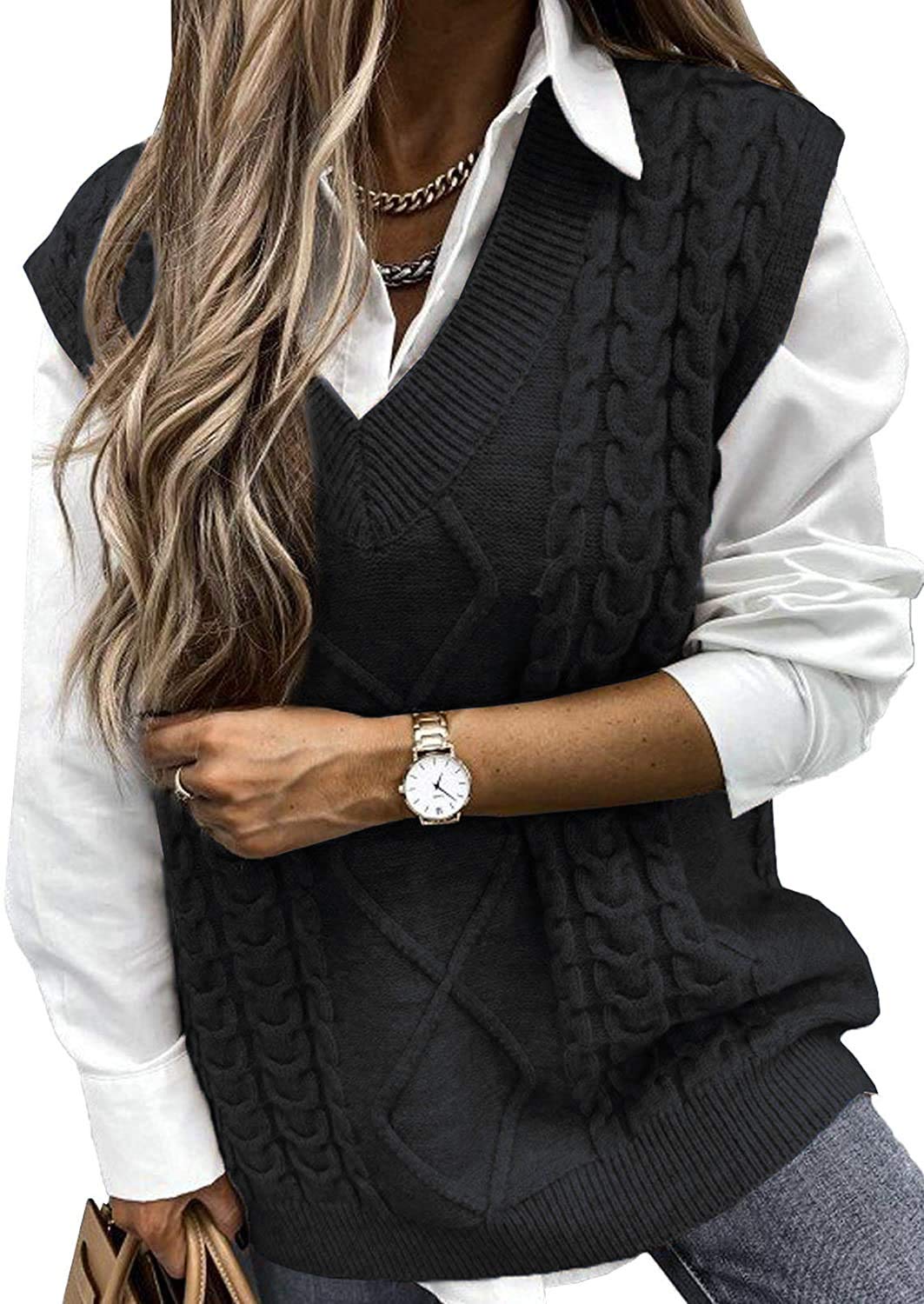 Yousify Women's Cable Knit Oversized Sweater Vest - V-Neck Sleeveless Vintage Loose Pullover Top for Casual Outfits & Fall Layering