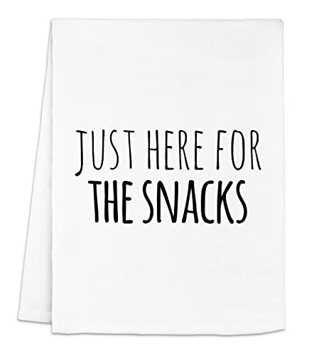 Funny Dish Towel - Just Here For The Snacks - Flour Sack Kitchen Towel - Sweet Housewarming Gift - Farmhouse Kitchen Decor - White or Gray (White) - Perfect for Kitchen, Housewarming Parties & Farmhouse Style Homes