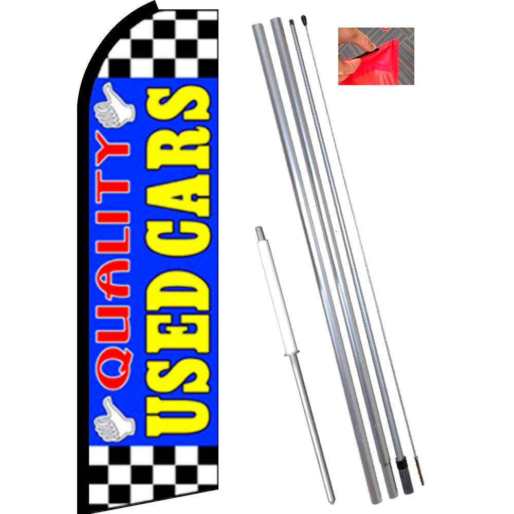 Premium Used Cars Feather Flag Bundle - 11.5' Flutter Flag & 15' Pole with Stake (Blue/Checkered) - Perfect for Car Dealerships, Auto Shows & Used Car Lots Advertising