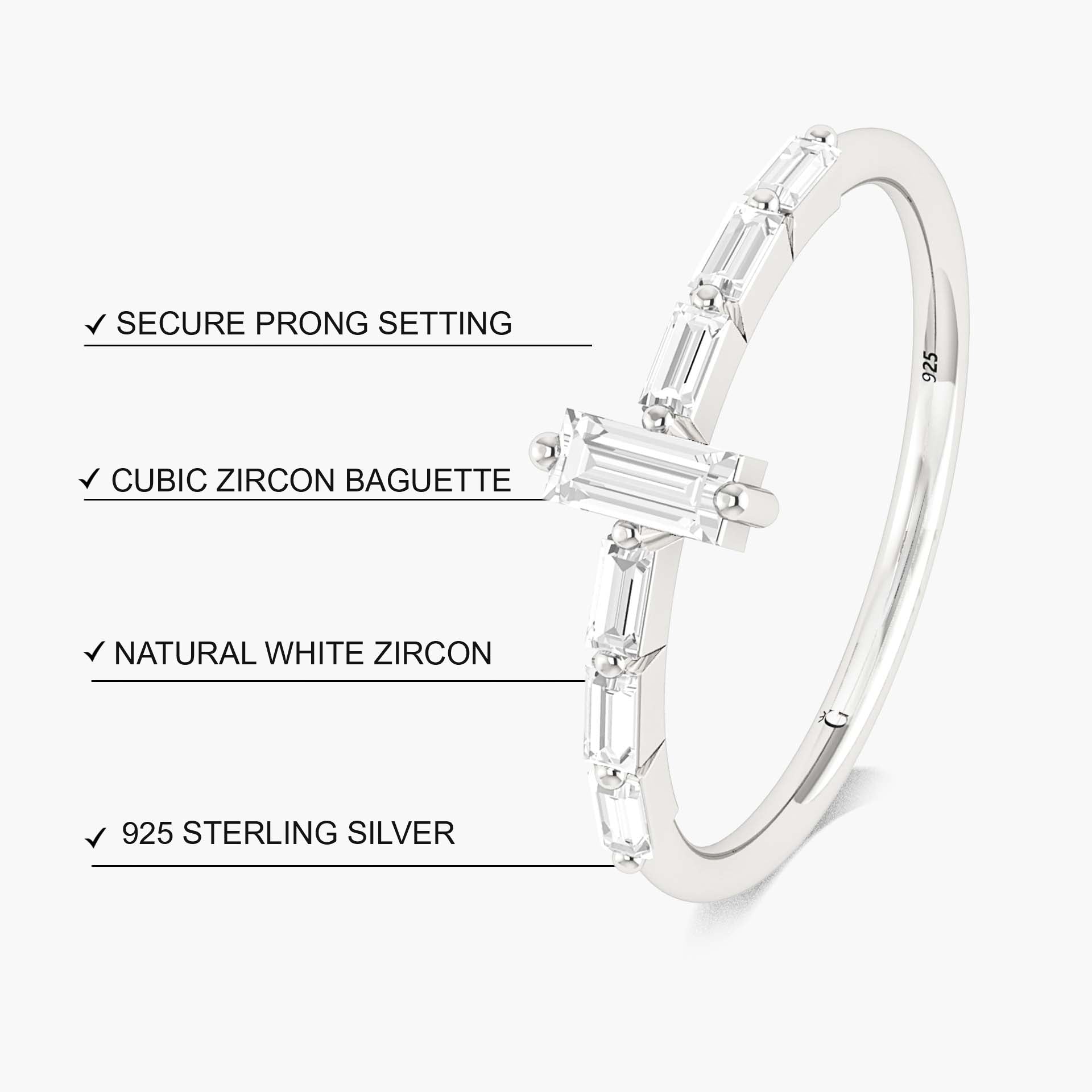 Elegant 7 Zircon Baguette Ring in Prong Setting - Perfect for Weddings, Anniversaries & Special Occasions