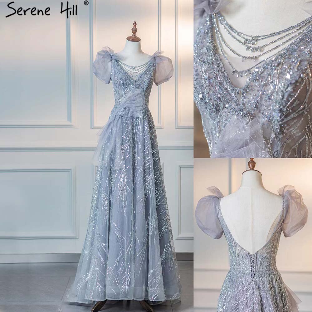 Serene Hill Grey Luxury Puffy Sleeves Evening Dress with Beaded A-Line Design for Women - Perfect for Parties, Galas & Formal Events 2025