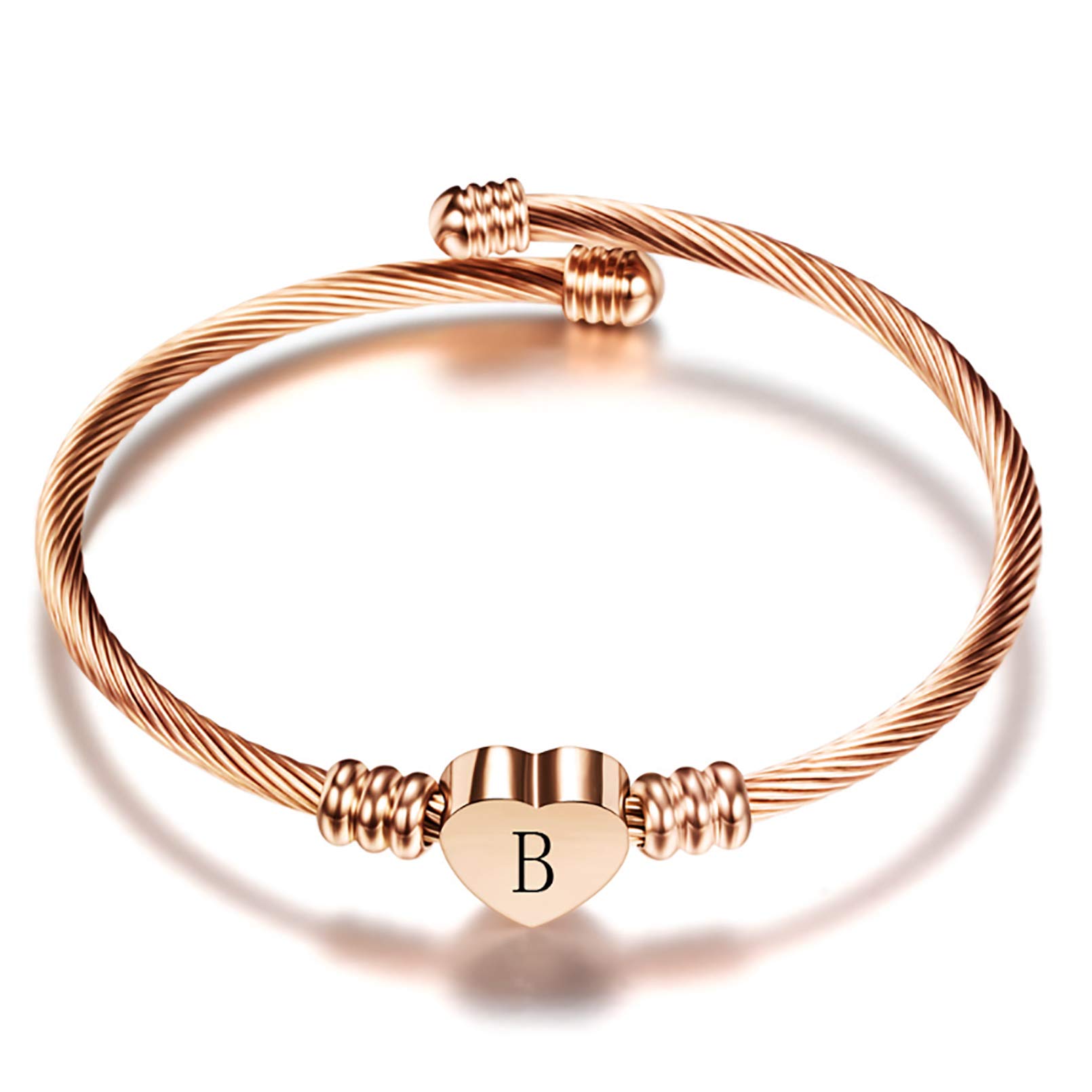Rose Gold Letter A-Z Initial Bracelet | Heart Cuff Expandable Bangle for Women & Girls | Personalized Name Jewelry Gift | Birthday, Anniversary, Valentine's Day Present | Elegant Everyday Wear & Special Occasions