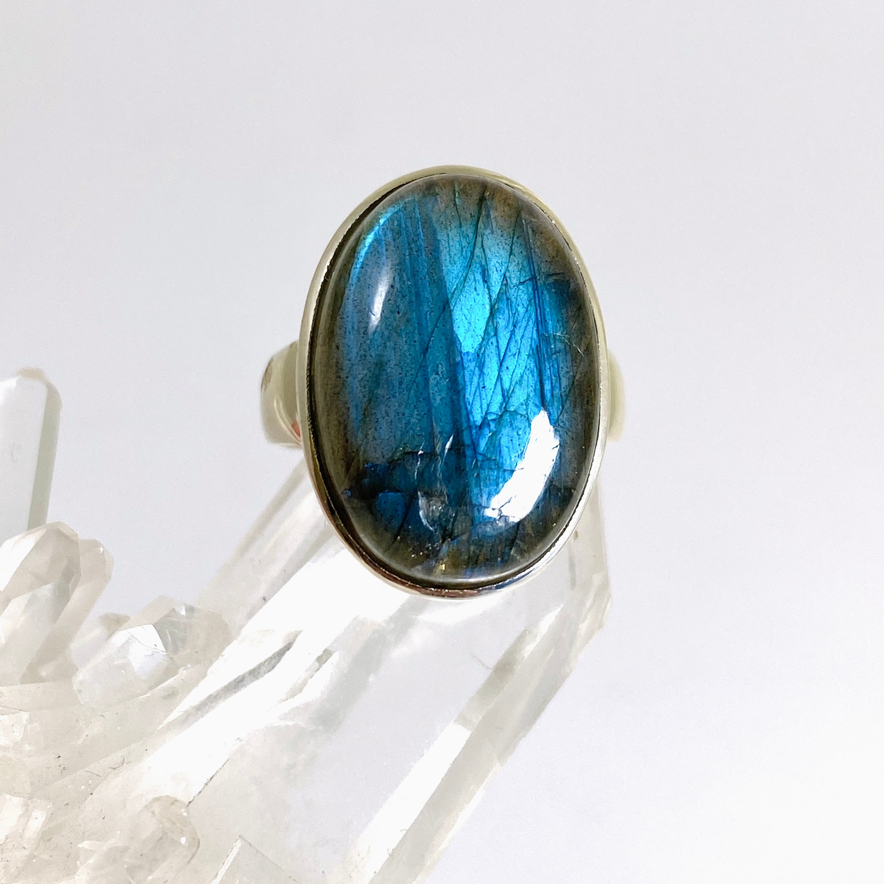 Natural Labradorite Oval Cabochon Ring - Size 9 Sterling Silver Handmade Jewelry for Women - Perfect for Boho Style, Gift Giving & Everyday Wear