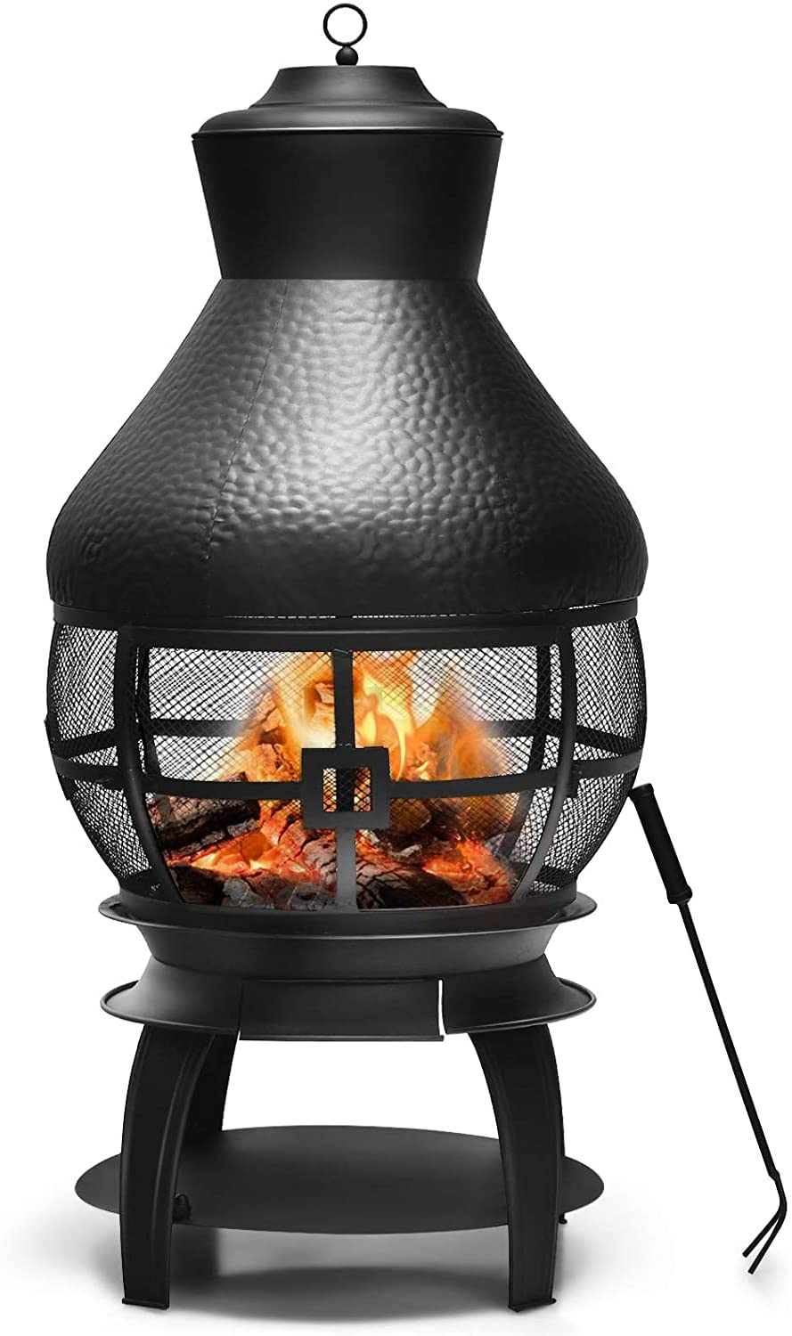 SAFSTAR Outdoor Cast Iron Chiminea - Wood Burning Fire Pit with Fire Poker & 360° Fire Retardant Mesh Cover - Durable Patio Chiminea for Backyard, Garden, and Camping Fireplace Use