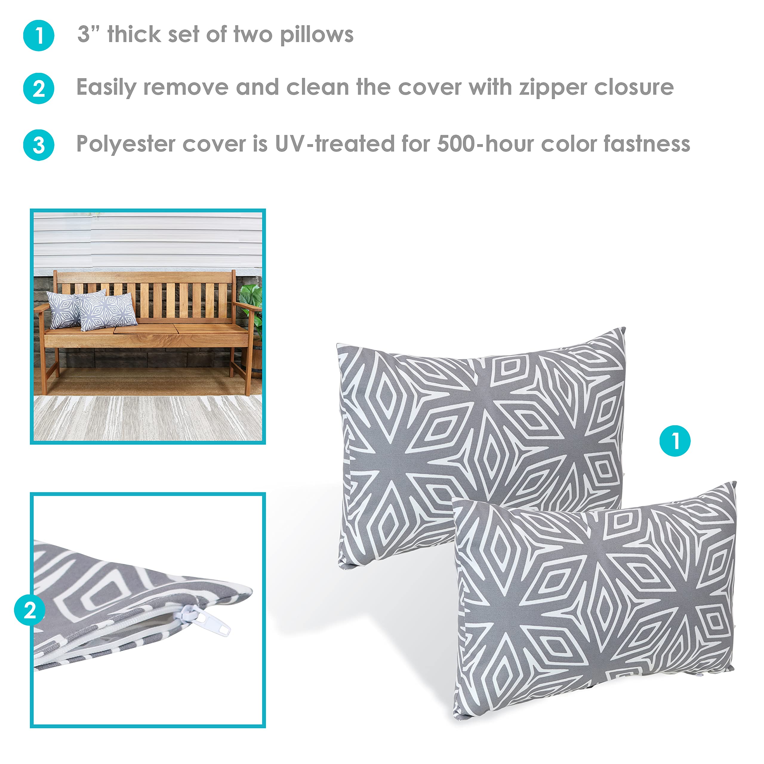 Sunnydaze Decorative Throw Pillow Covers Set of 2 - Indoor Outdoor Rectangle Cushion Covers 12x20 Inches - Weather Resistant Polyester with Zipper Closure - Gray Geometric Design for Sofa, Patio, Bedroom Decor