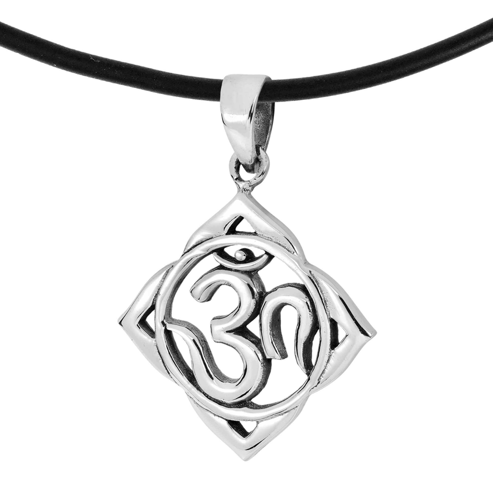 AeraVida Mystic Aum Om Prayer Pendant Necklace - .925 Sterling Silver with Black Rubber Chain - Spiritual Jewelry for Meditation & Yoga - Perfect Gift for Women