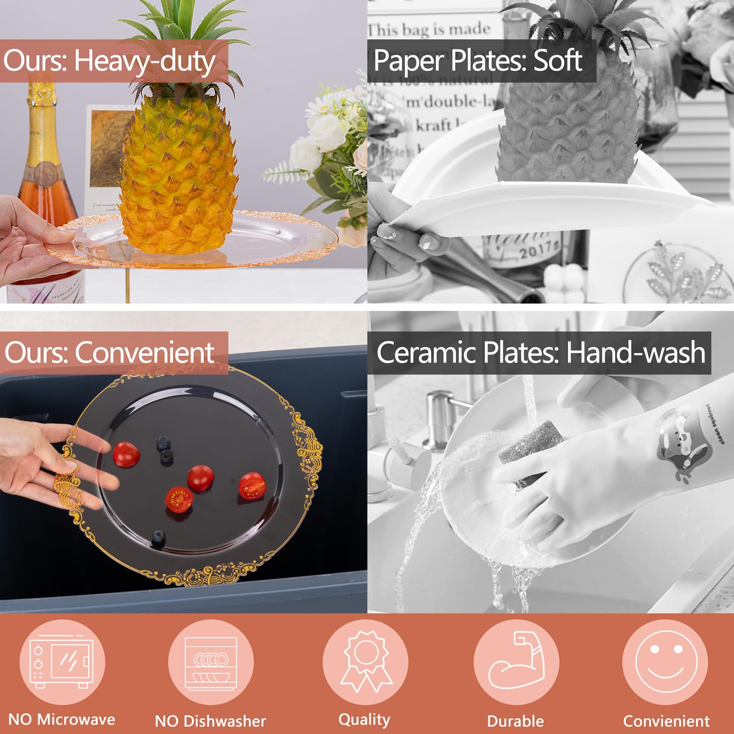 Hioasis 175-Piece Clear Pink Plastic Dinnerware Set - 25 Dinner Plates, 25 Dessert Plates, 25 Knives, 25 Forks, 25 Spoons, 25 Cups & 25 Napkins - Gold & Silver Plastic Cutlery - Perfect for Weddings, Birthday Parties, Baby Showers & Mother's Day Celebrations