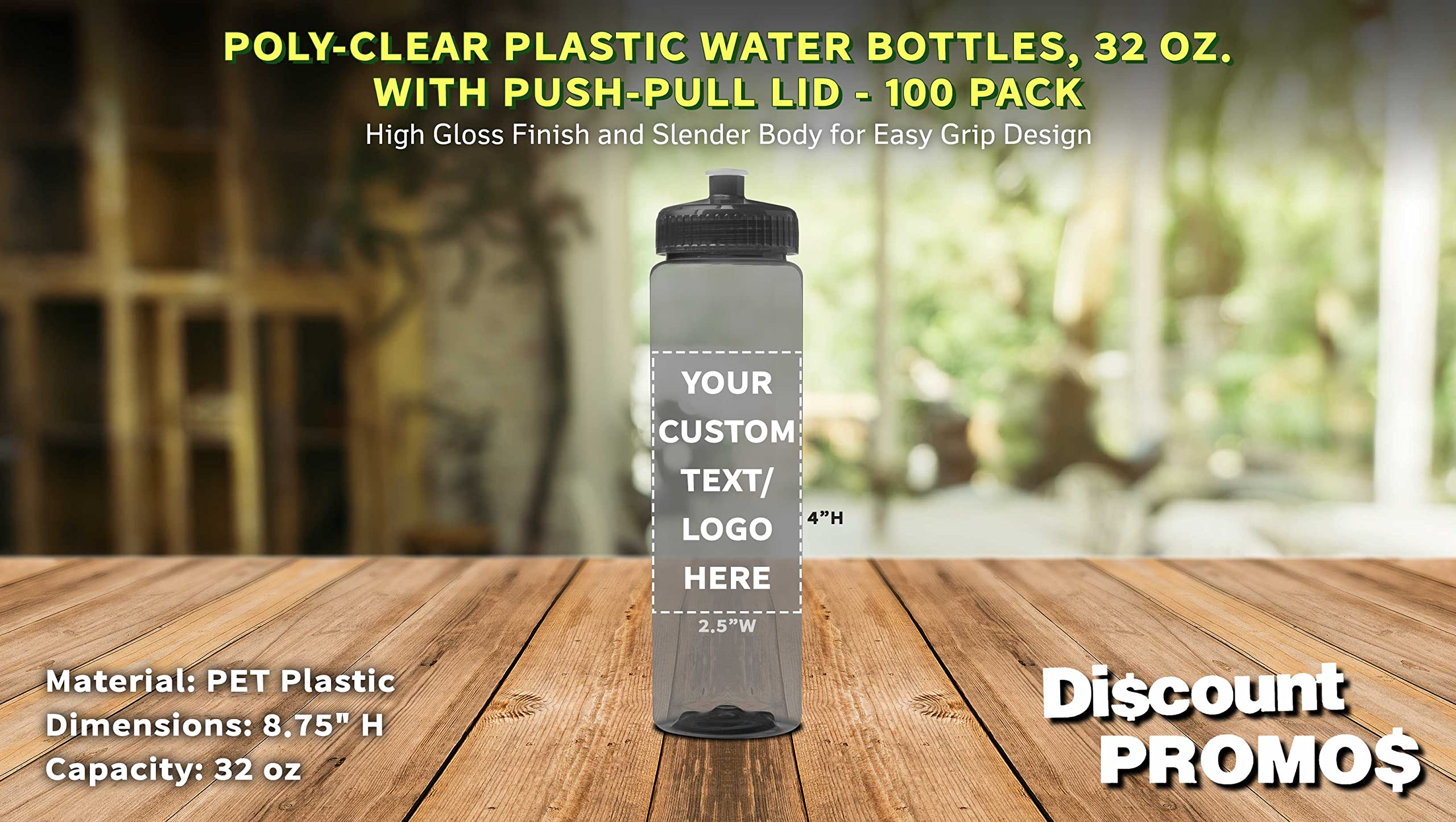 100 Pack 32oz Clear Plastic Water Bottles with Push-Pull Lids - Custom Text & Logo Printing - Durable, Leak-Proof, BPA-Free - Ideal for Sports, Gym, Office & Outdoor Activities - Transparent Smoke Color