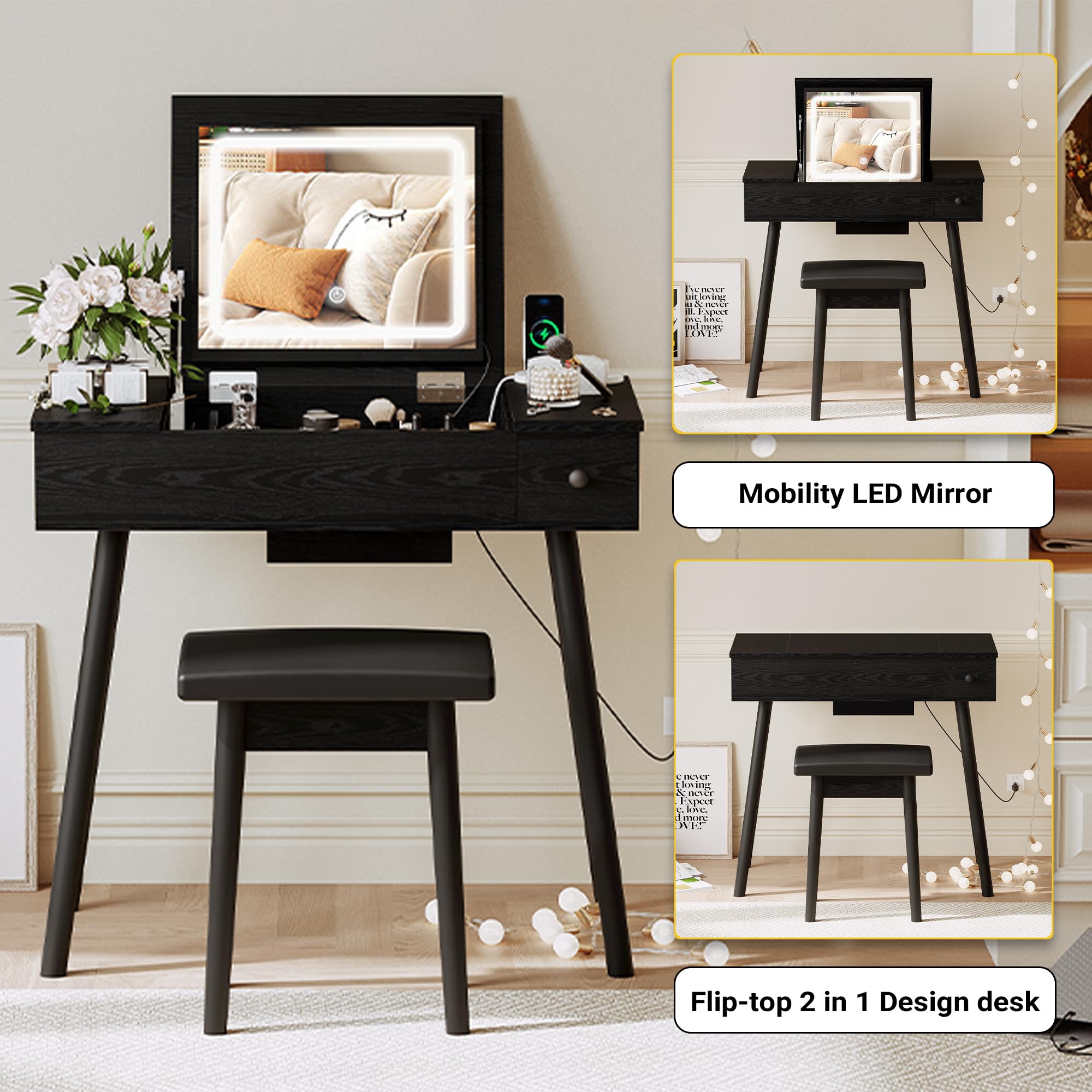 IRONCK LED Vanity Desk with Mirror & Outlet - Makeup Table for Bedroom