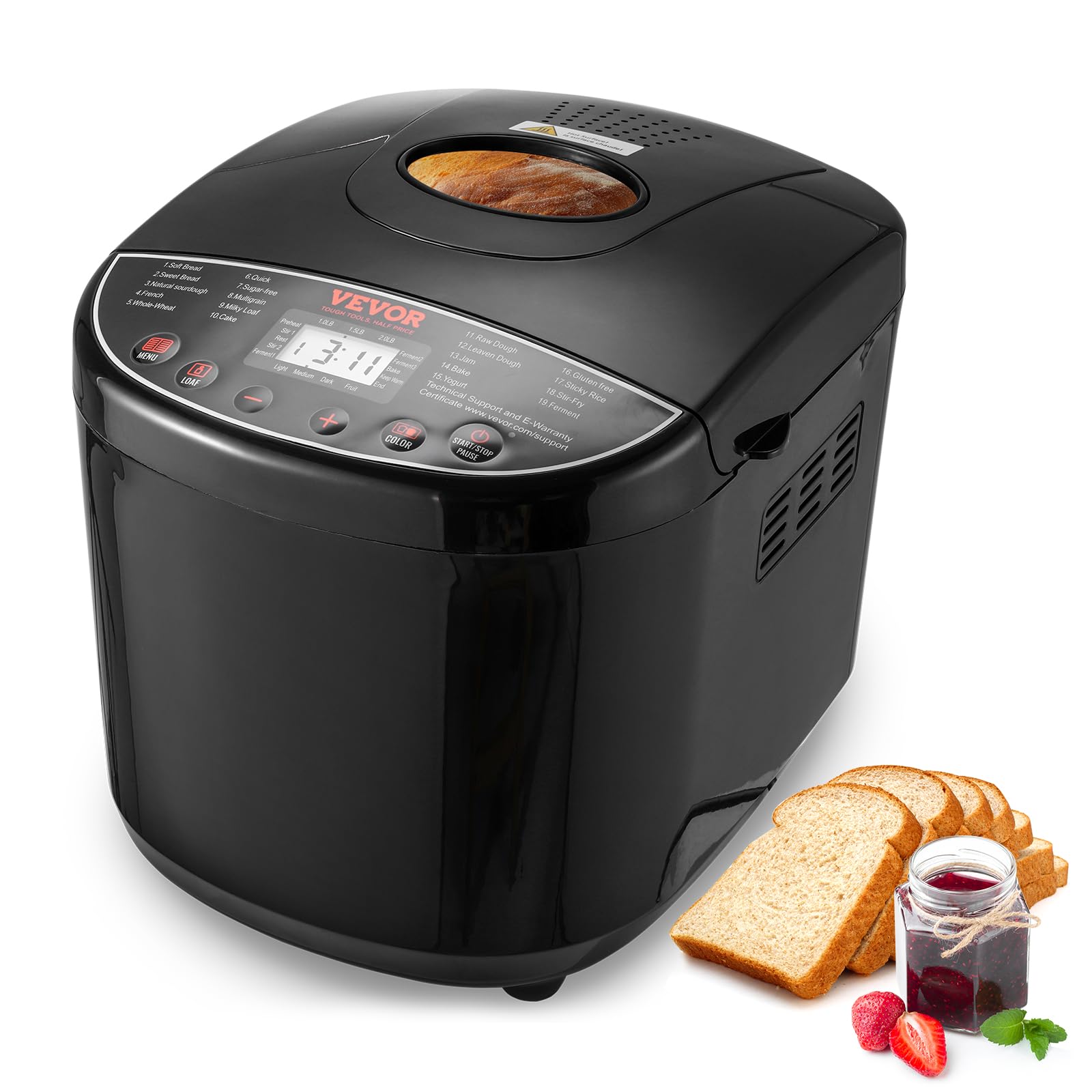 VEVOR 2LB Automatic Bread Maker Machine - 19-in-1 Programmable Breadmaker with Gluten-Free Setting, Whole Wheat & Dough Function, Digital Display, Nonstick Ceramic Pan (3 Loaf Sizes & 3 Crust Colors) - Perfect for Home Baking, Family Breakfast & Healthy Gluten-Free Diet