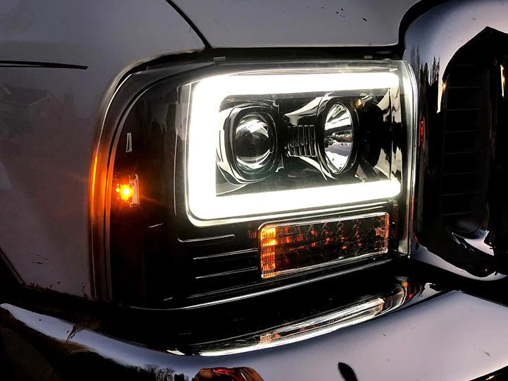 2005-2007 Ford Super Duty Projector Headlights with OLED Halos & DRL - Smoked/Black Lens for Enhanced Night Visibility & Off-Road Style