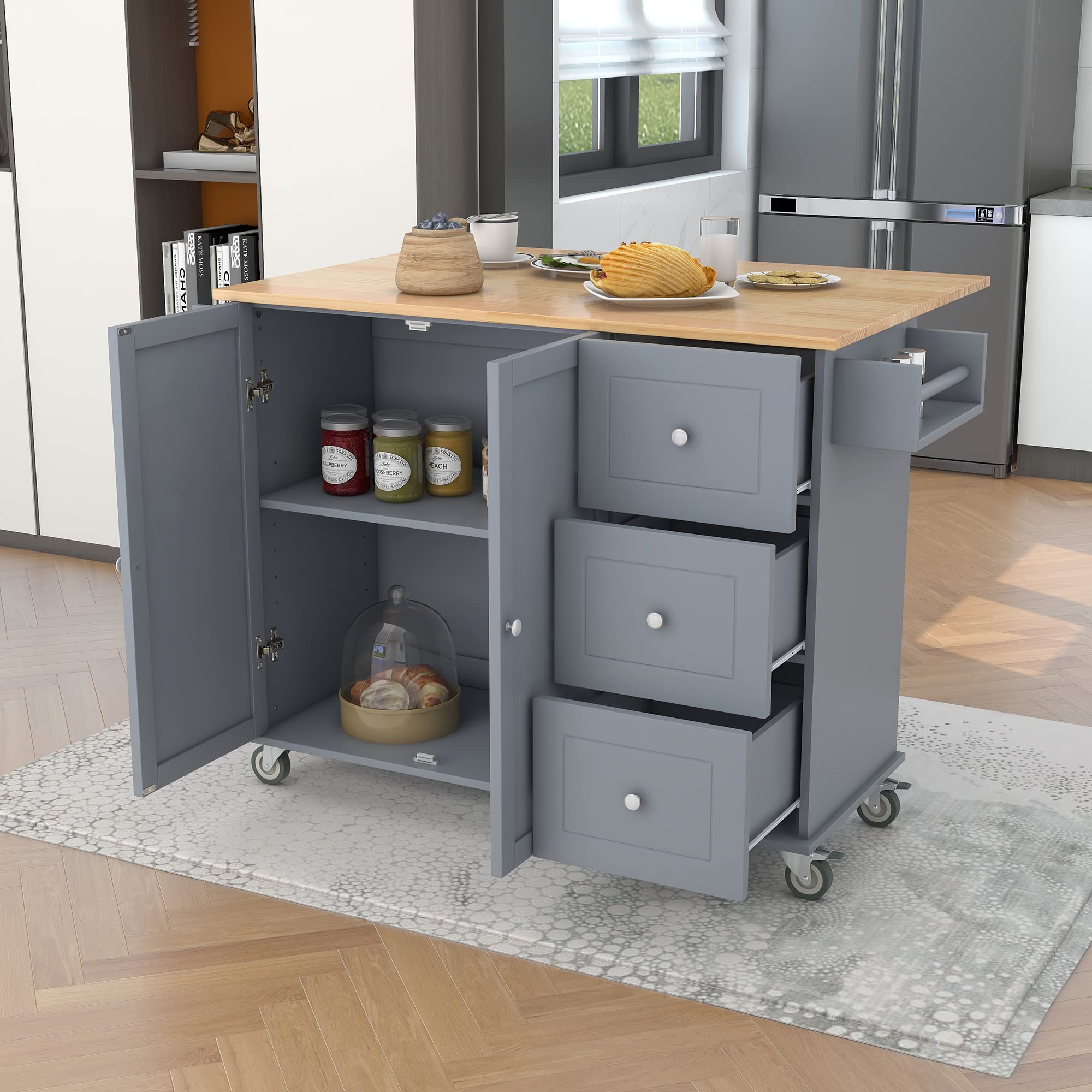 HABITRIO Multi-Functional Kitchen Island Cart with Cabinet, Storage Drawers & Spice Rack - Extendable Solid Wood Table Top, Wheels, Dusty Blue - Perfect for Small Kitchens, Dining Areas & Home Organization