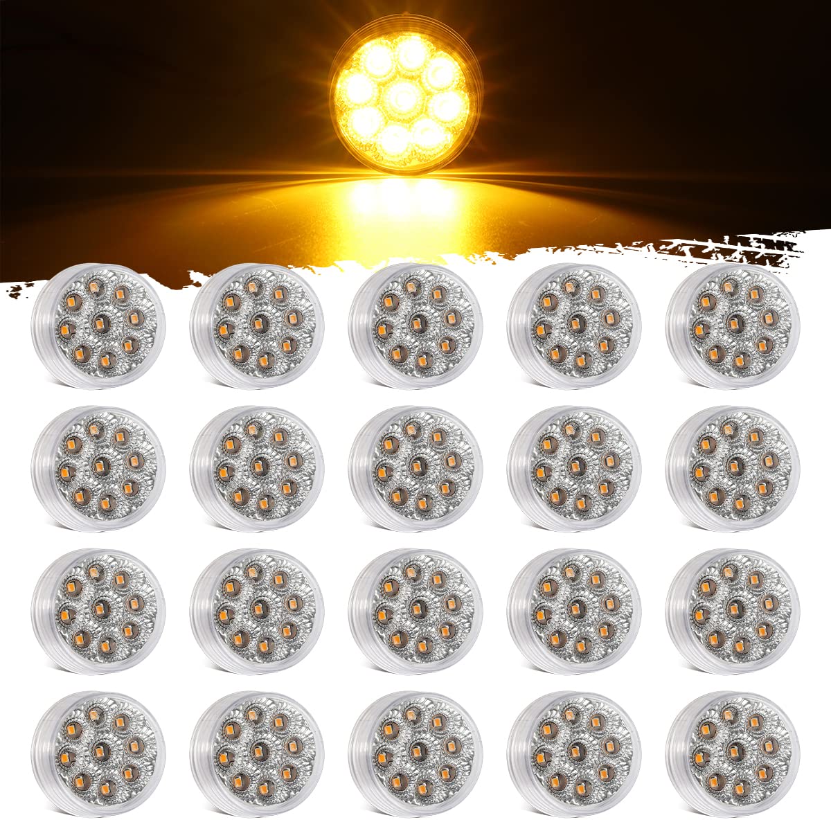 Partsam 20pcs 2 Inch Round Amber LED Side Marker Lights - DOT Approved Waterproof Turn Signal Clearance Lights with Reflector for Trailer, Truck, Tractor & RV - 12V Sealed Clear Lens for Safe Night Driving & Road Visibility