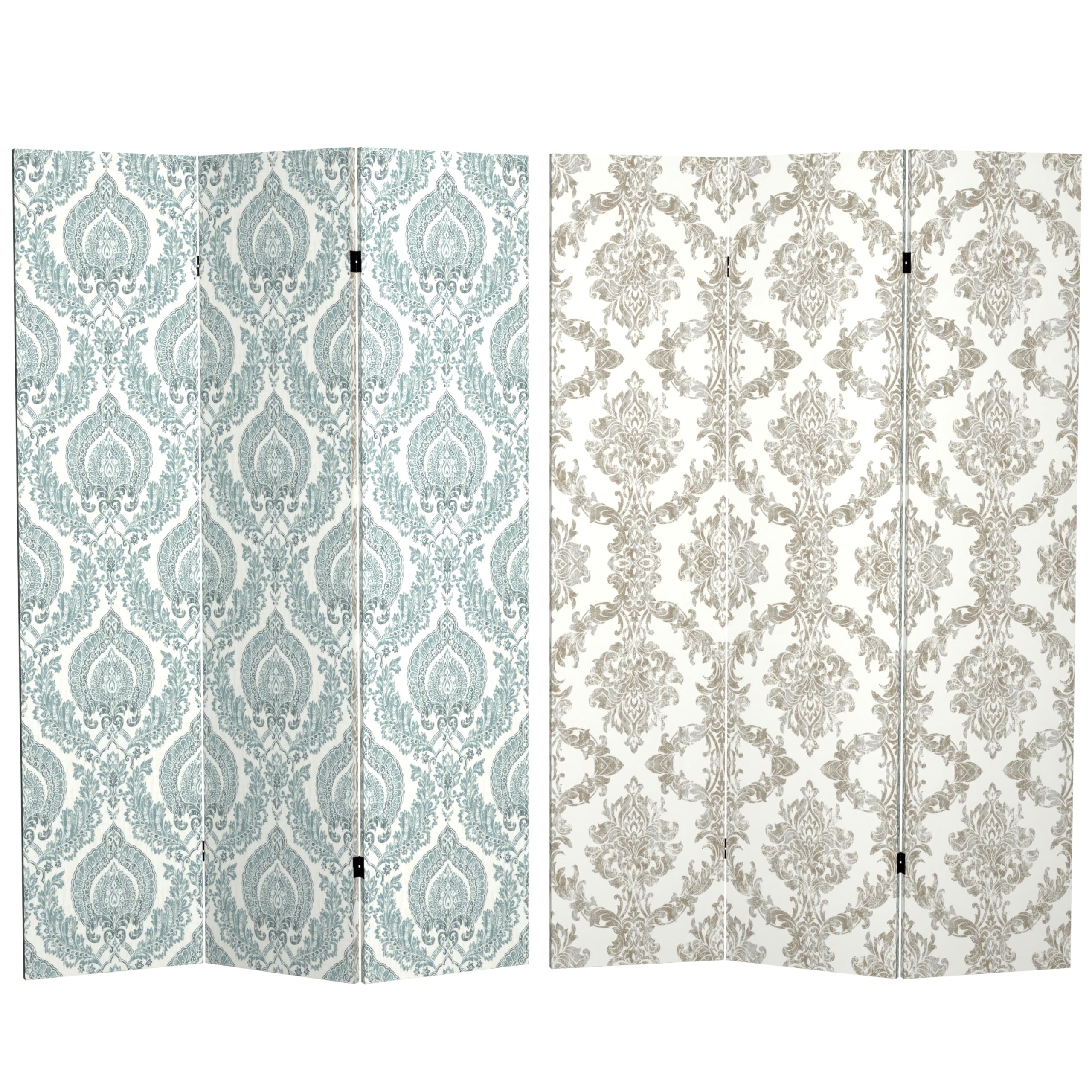 6 ft. Tall Red Lantern Double Sided Ivory Damask Canvas Room Divider - Elegant Folding Screen for Living Room, Bedroom, Office & Wedding Decor