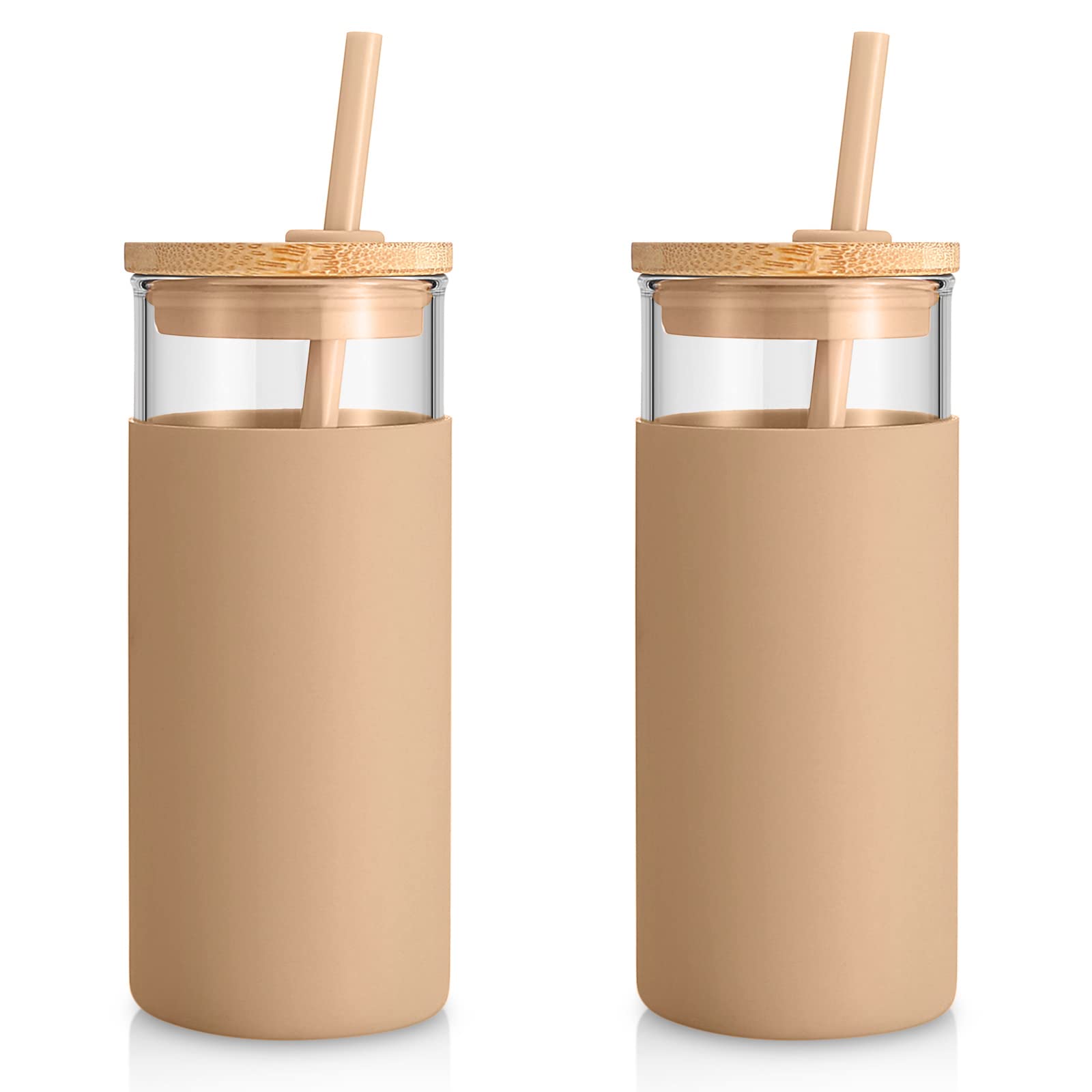 20 oz Glass Tumbler with Bamboo Lid & Silicone Sleeve - BPA Free, Reusable Water Bottle with Straw - Perfect for Home, Office, Gym & Outdoor Activities - 2 Pack (Amber)