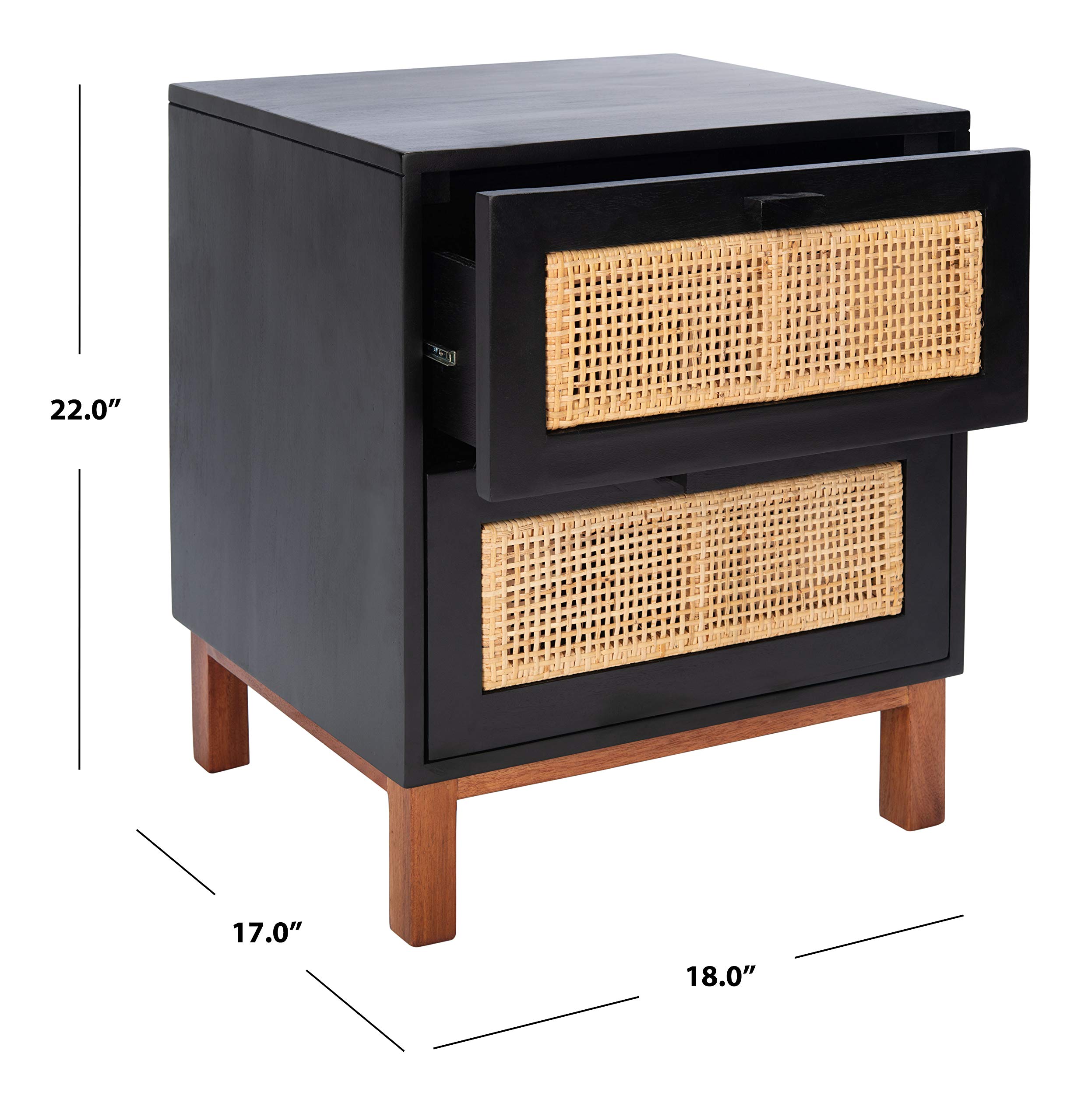 SAFAVIEH Home Collection Erica Black & Natural Rattan 2-Drawer Nightstand - Modern Bedside Table for Bedroom Decor, Storage Solution