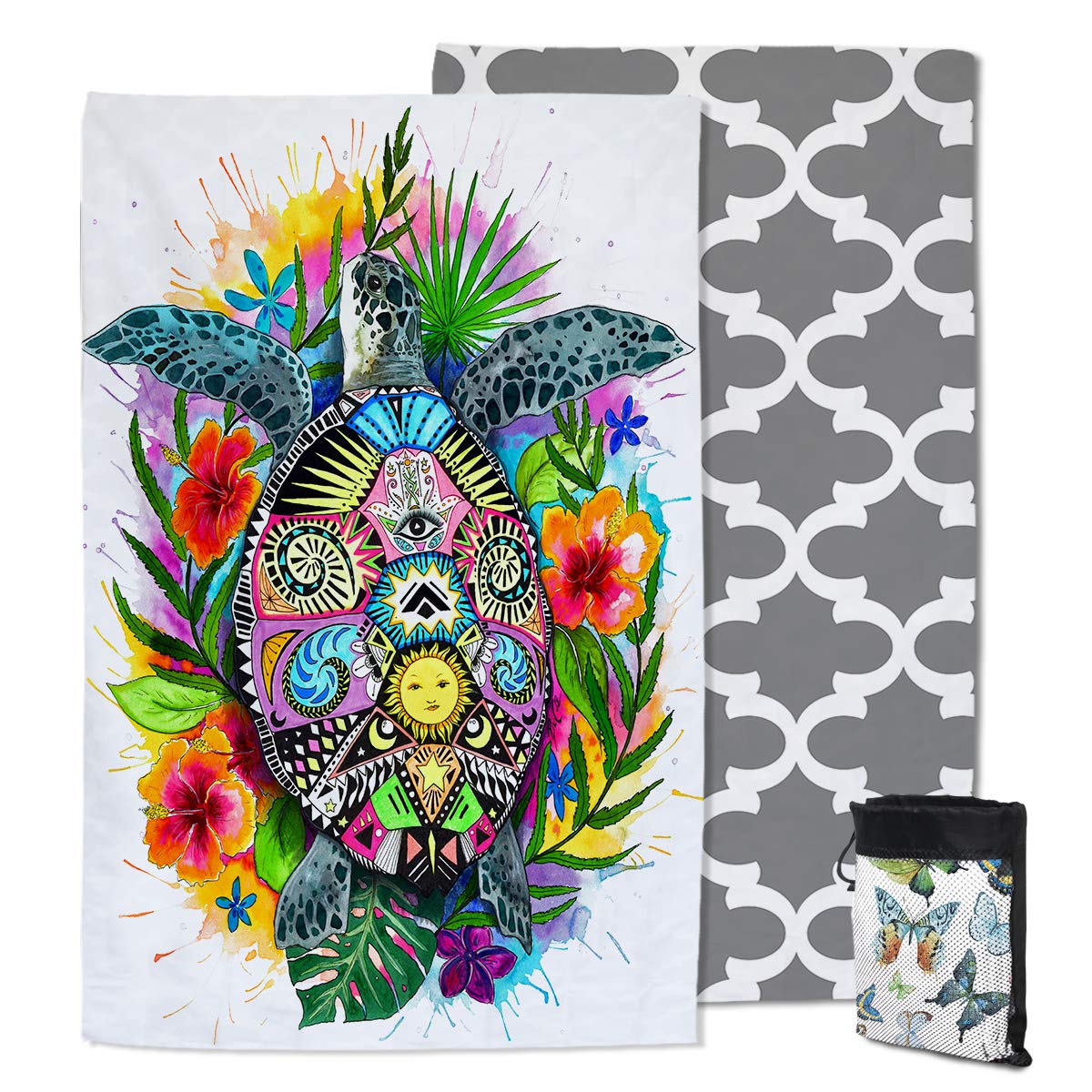 Sleepwish Microfiber Pool & Beach Towel 16x32 Inch - Quick Drying, Sand Proof, Ultra Absorbent, Lightweight Travel Towel with Double-Sided 3D Turtle Print - Perfect for Swimming, Camping, Yoga, Gym & Beach Vacations