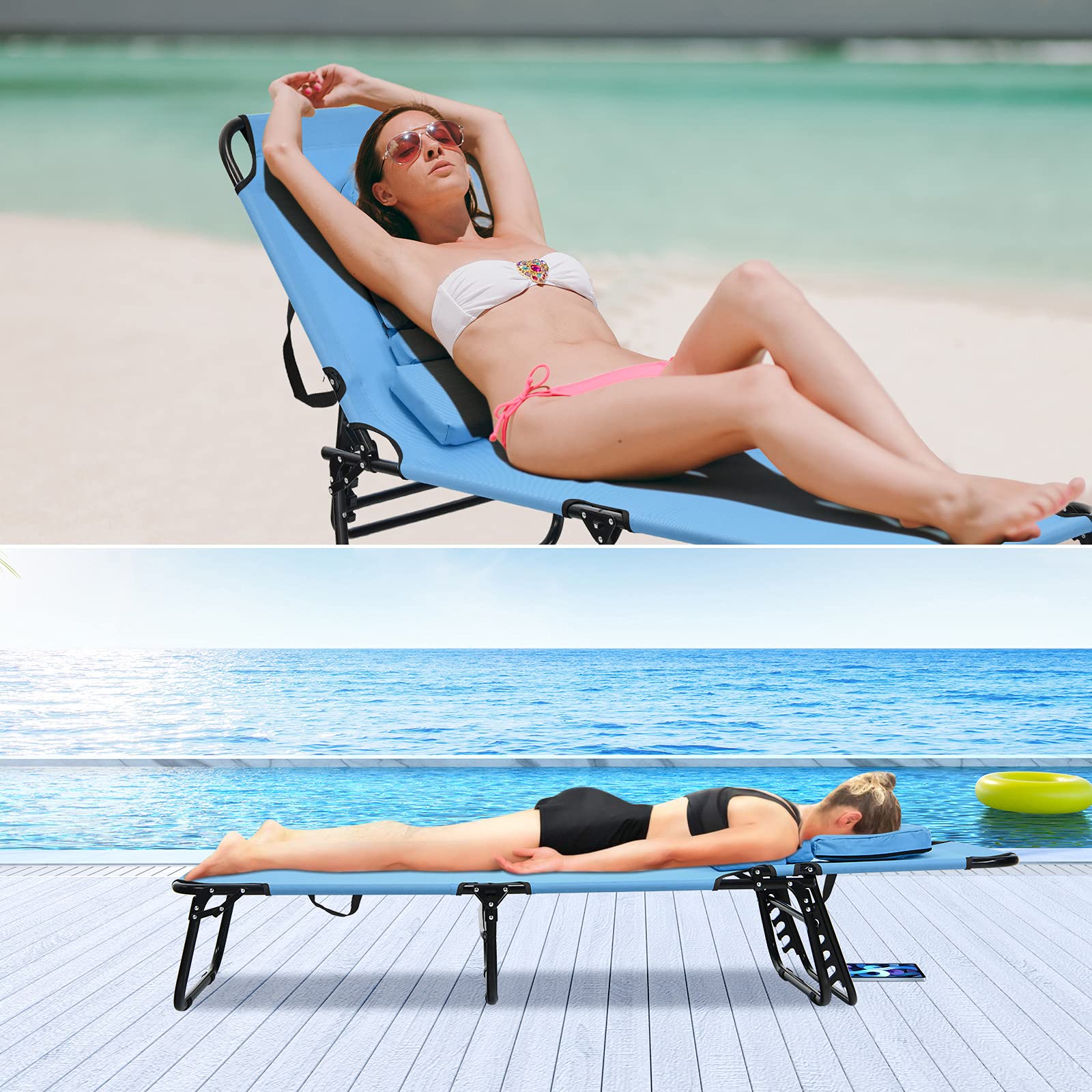 Giantex Outdoor Chaise Lounge Chair - Foldable Beach Chair with 5 Adjustable Positions, Breathable Hole Design, Detachable Pillow & Hand Ropes for Comfort | Perfect for Sunbathing, Poolside Relaxation, Backyard, Patio & Garden Use