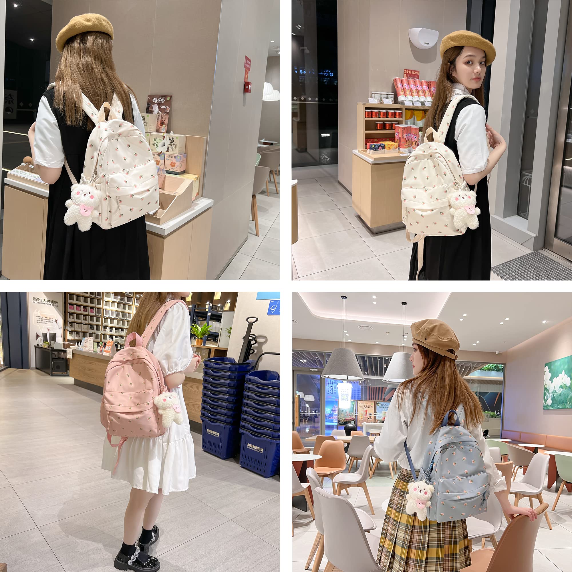Kawaii Floral Backpack with Pendant - 12.2 Inch Cute Aesthetic Medium School Bag for Women & Teens (White) - Perfect for School, Travel & Everyday Use