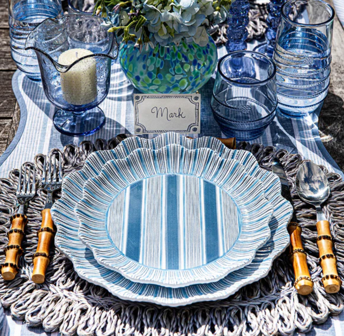 Juliska Cabana Stripe Melamine Dinner Plates - Set of 4, Ocean Blue - Shatterproof & Lightweight Outdoor Dinnerware for Picnics, Pool Parties & Beach Dining