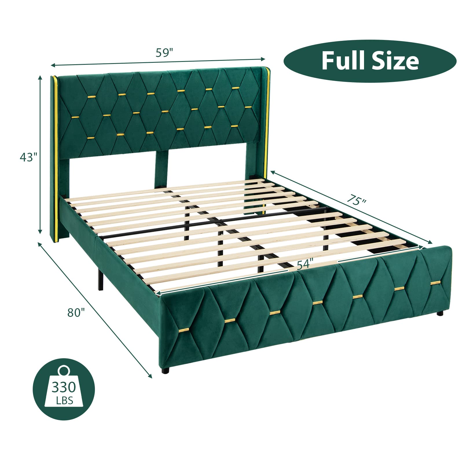 Giantex Full Size Upholstered Platform Bed Frame with Adjustable Headboard - Wooden Slat Support, Heavy Duty Gold Trim Tufted Design - No Box Spring Needed - Easy Assembly - Green Velvet - Perfect for Modern Bedrooms, Guest Rooms & Small Spaces
